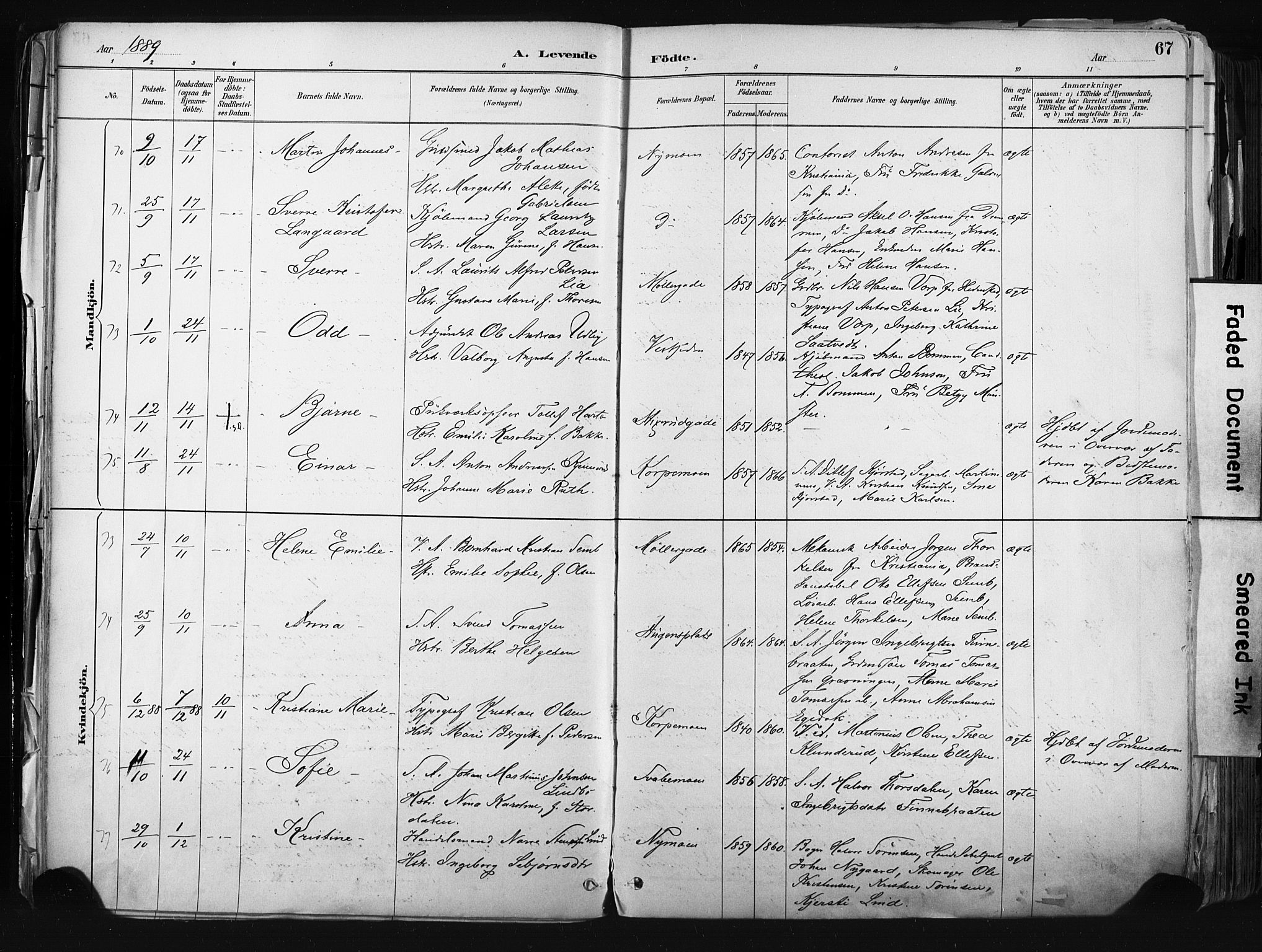 Kongsberg kirkebøker, AV/SAKO-A-22/F/Fb/L0002: Parish register (official) no. II 2, 1886-1896, p. 67