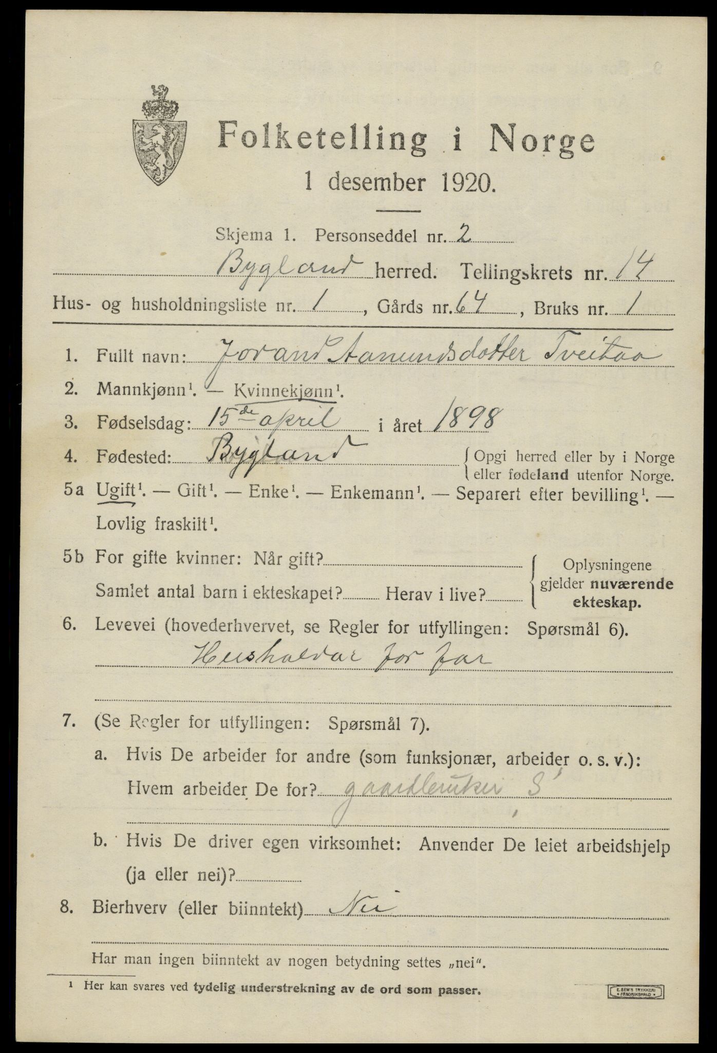 SAK, 1920 census for Bygland, 1920, p. 5913