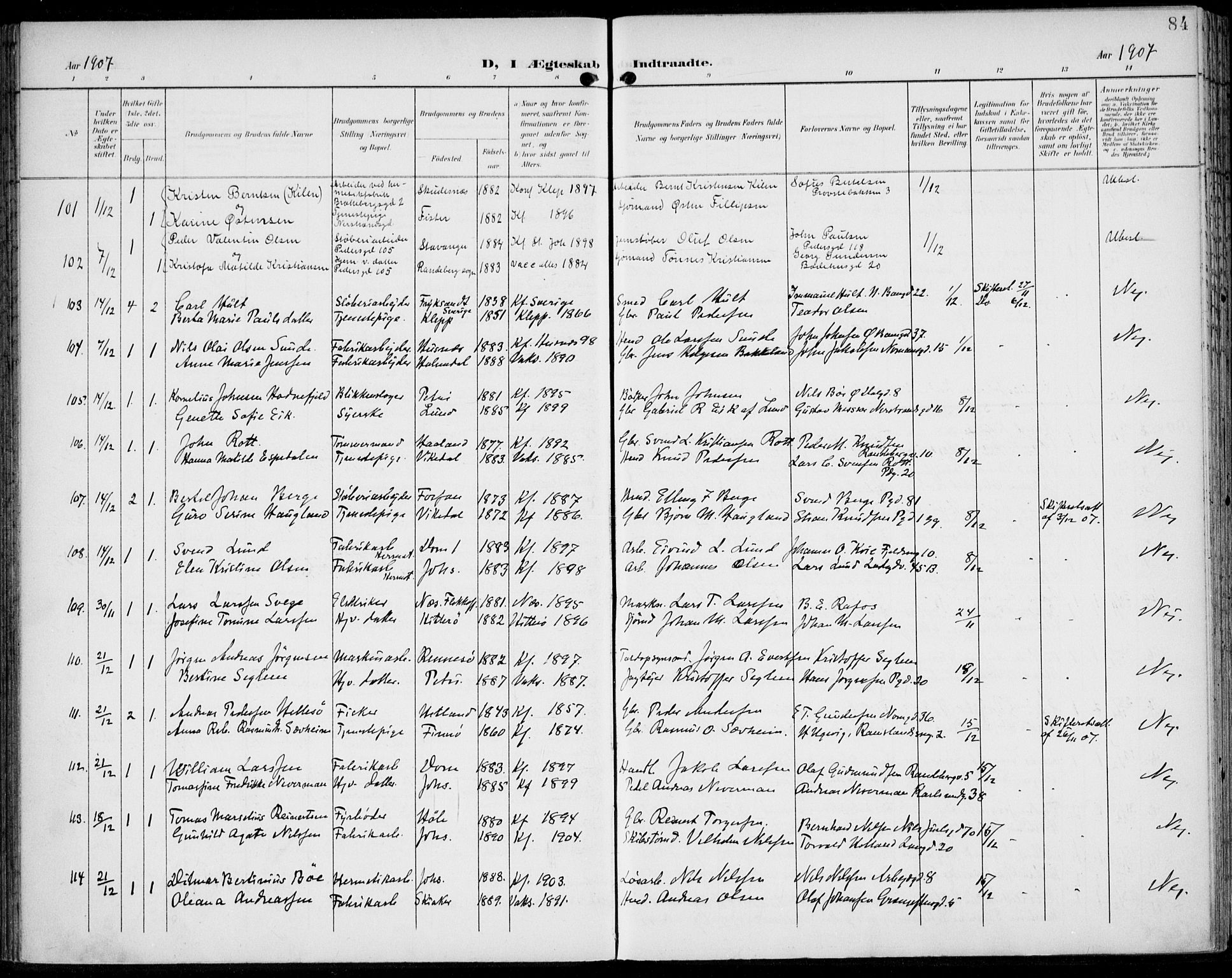 St. Johannes sokneprestkontor, SAST/A-101814/002/B/L0001: Parish register (official) no. A 8, 1899-1917, p. 84