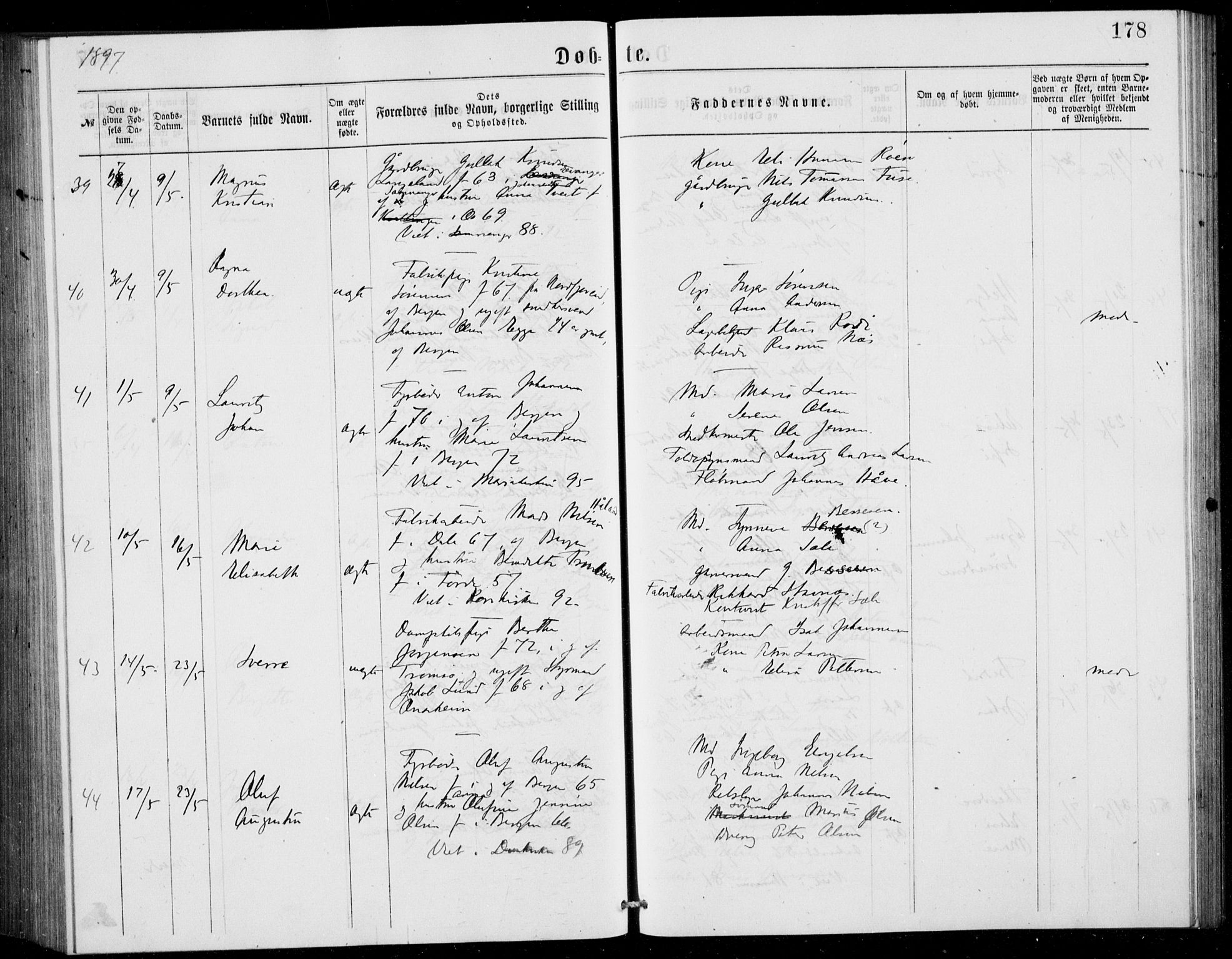 Fødselsstiftelsens sokneprestembete, ført av overlegen*, SAB/-: Parish register (official) no. A 2, 1884-1900, p. 178