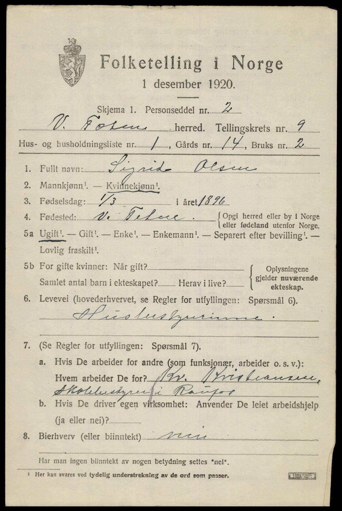 SAH, 1920 census for Vestre Toten, 1920, p. 11142