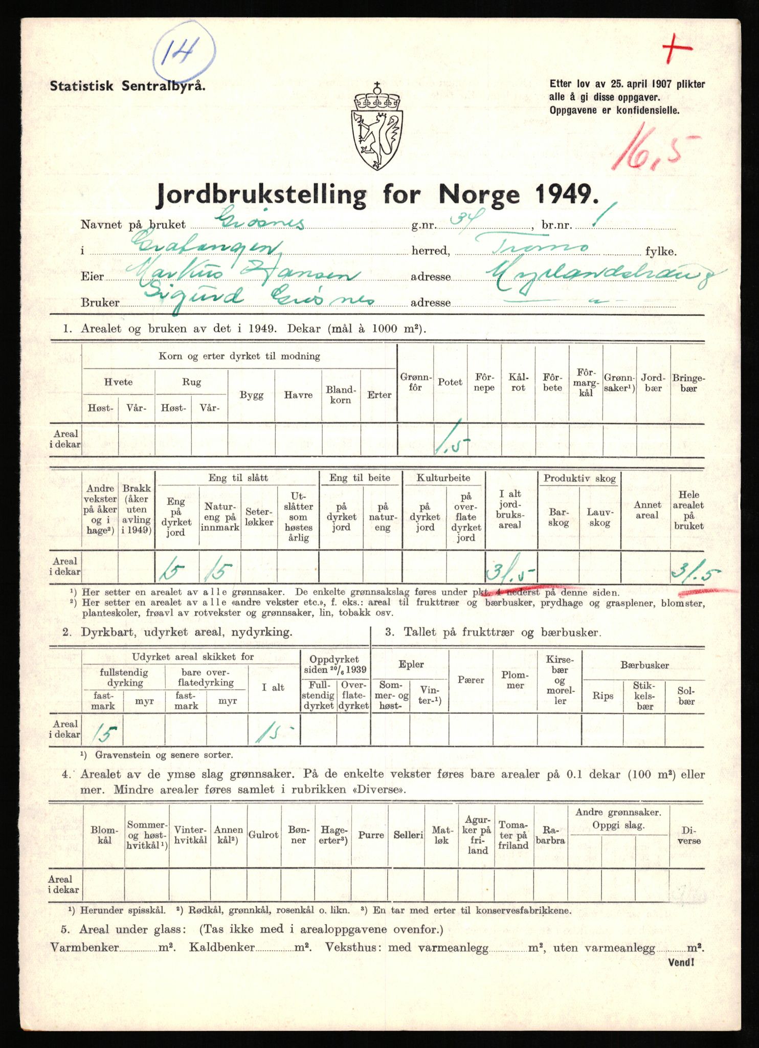 Statistisk sentralbyrå, Næringsøkonomiske emner, Jordbruk, skogbruk, jakt, fiske og fangst, AV/RA-S-2234/G/Gc/L0437: Troms: Gratangen og Lavangen, 1949, p. 884