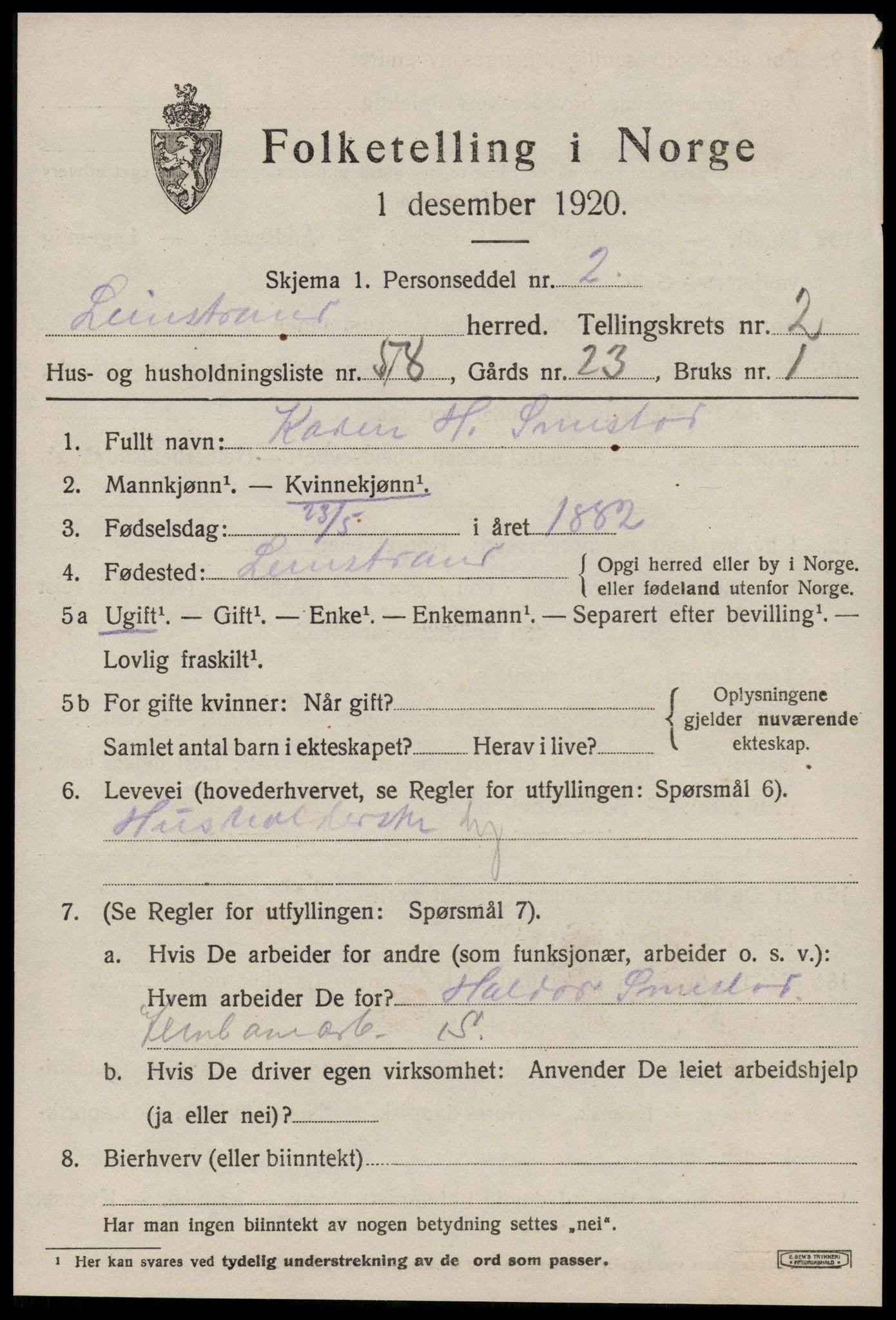 SAT, 1920 census for Leinstrand, 1920, p. 2273