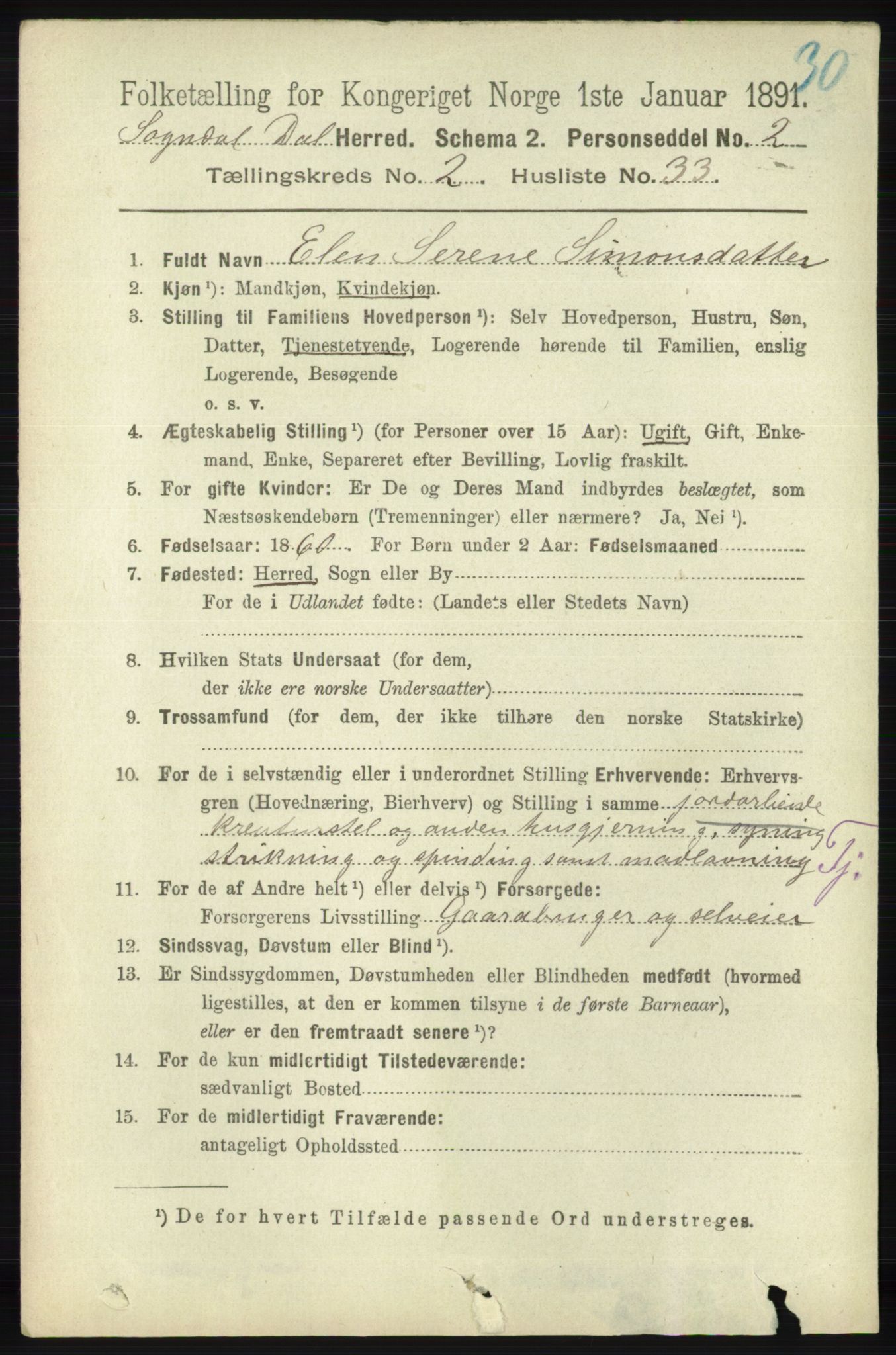 RA, 1891 census for 1111 Sokndal, 1891, p. 668
