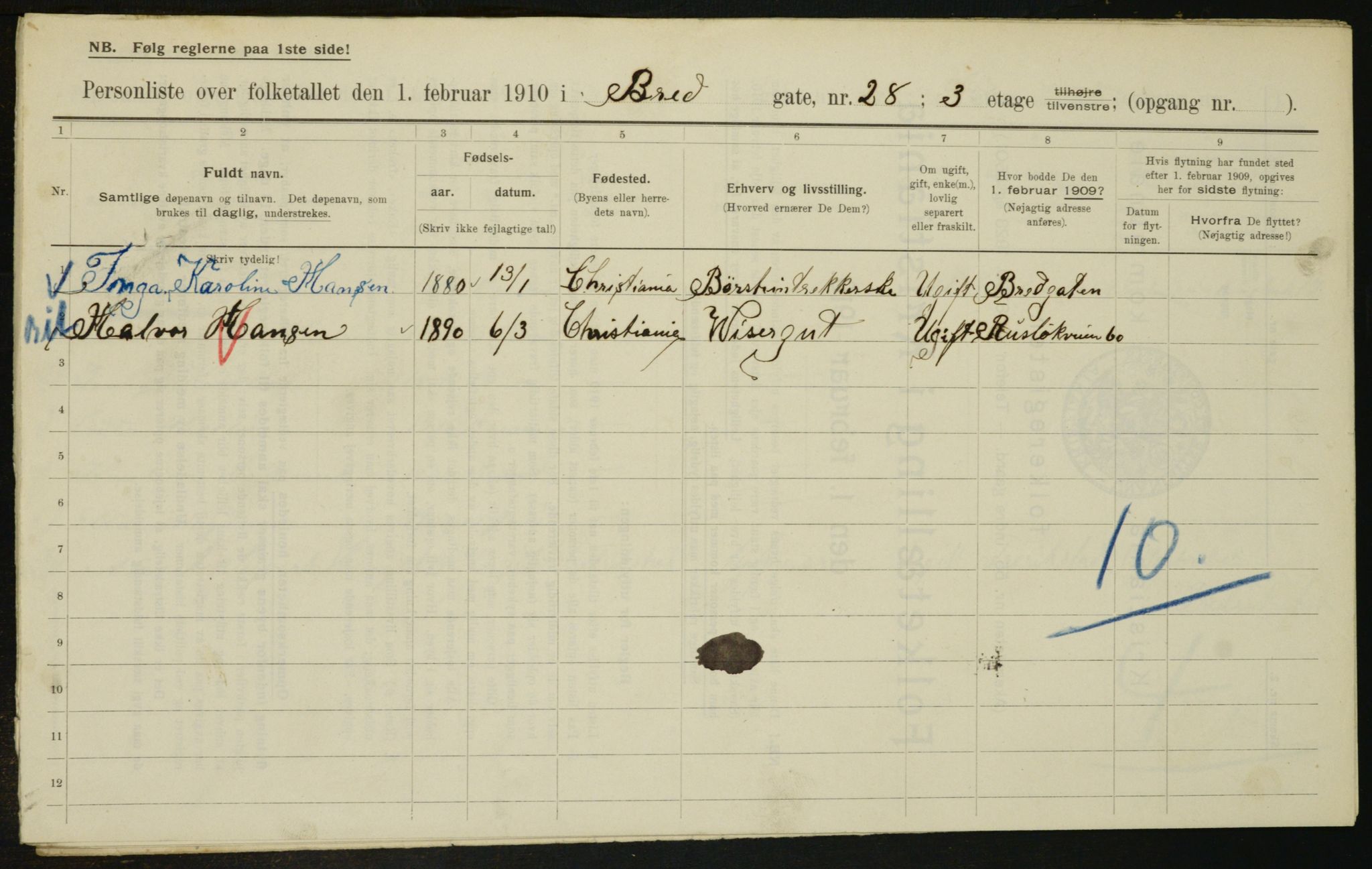 OBA, Municipal Census 1910 for Kristiania, 1910, p. 8335