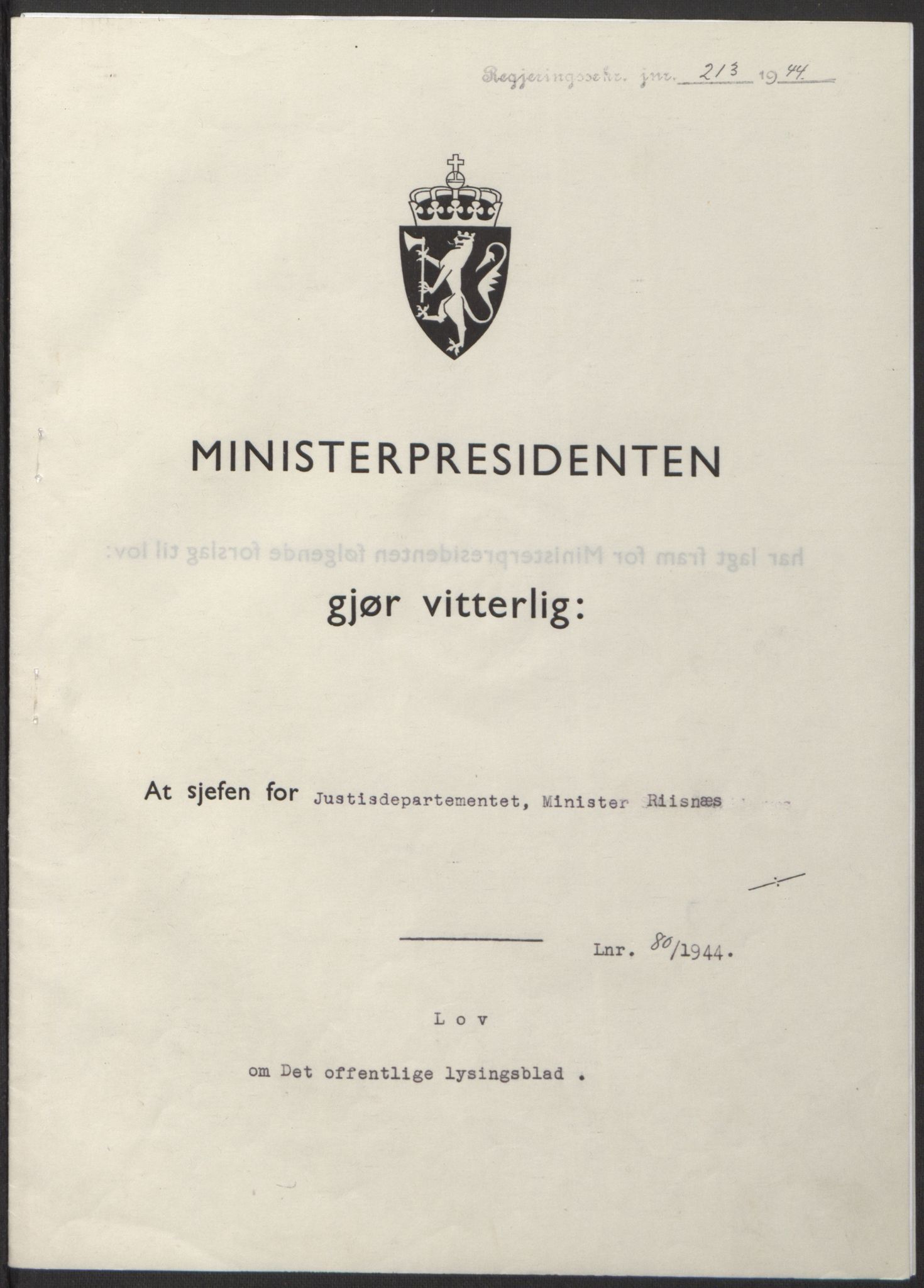 NS-administrasjonen 1940-1945 (Statsrådsekretariatet, de kommisariske statsråder mm), RA/S-4279/D/Db/L0100: Lover, 1944, p. 376
