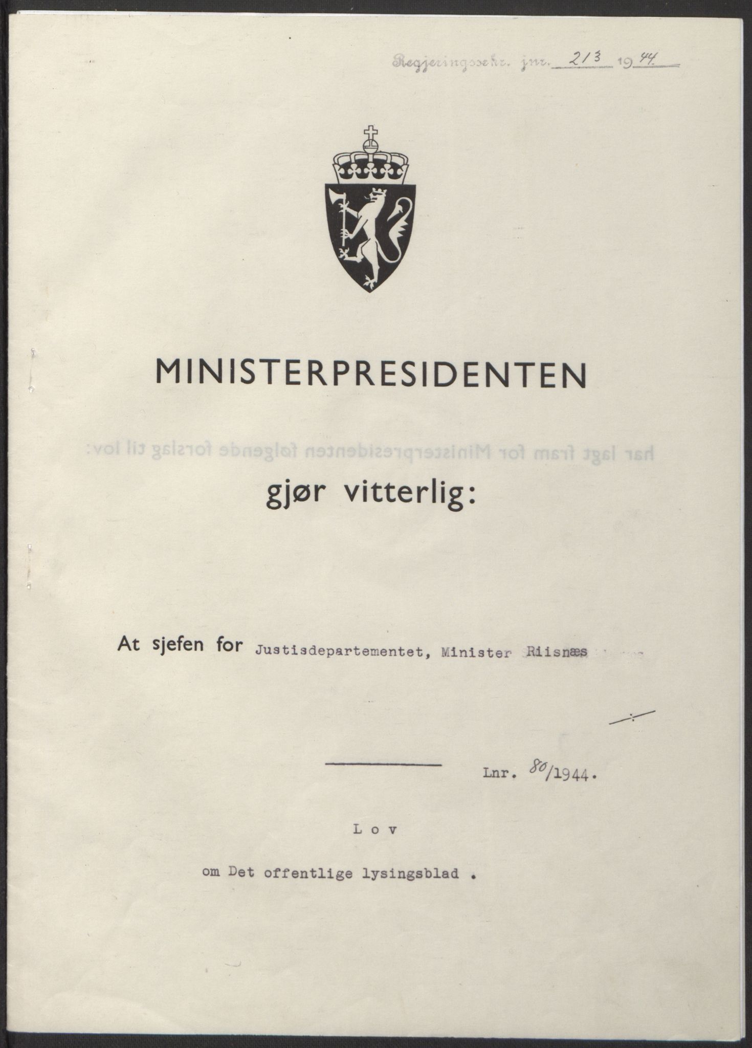 NS-administrasjonen 1940-1945 (Statsrådsekretariatet, de kommisariske statsråder mm), AV/RA-S-4279/D/Db/L0100: Lover, 1944, p. 376