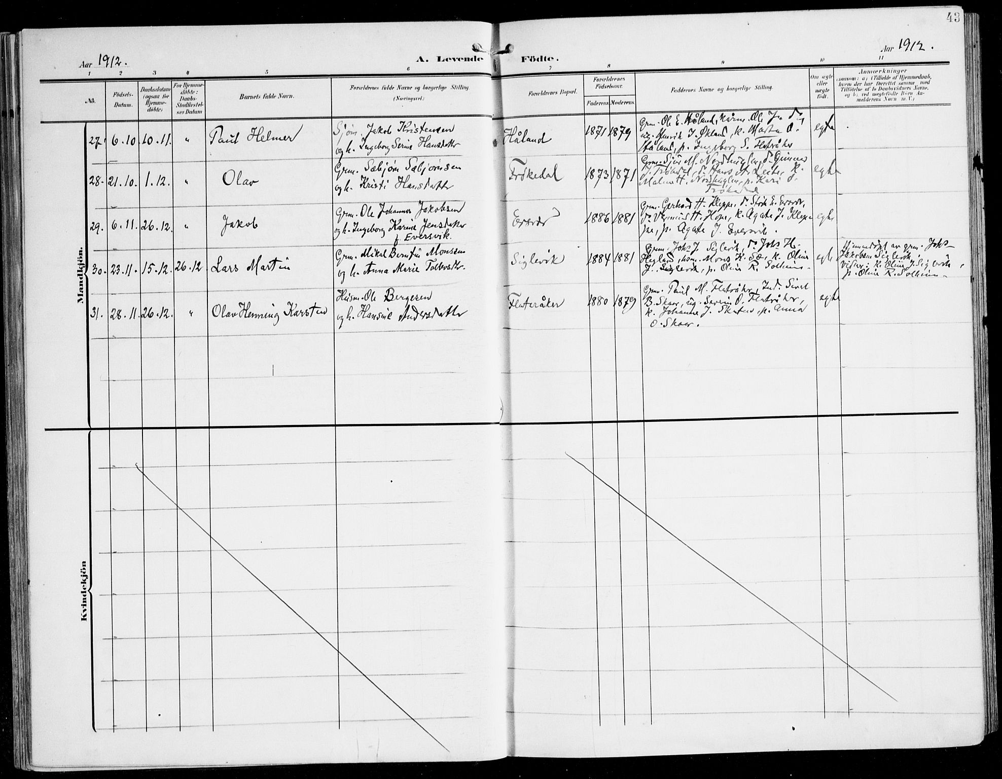 Tysnes sokneprestembete, SAB/A-78601/H/Haa: Parish register (official) no. D 2, 1905-1922, p. 43