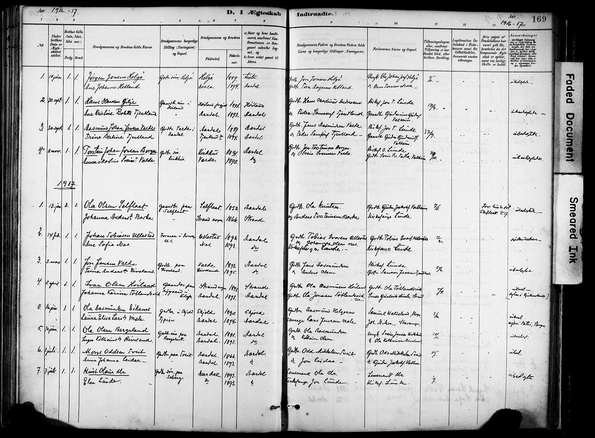 Hjelmeland sokneprestkontor, AV/SAST-A-101843/02/A/L0001: Parish register (official) no. A 16, 1887-1926, p. 169