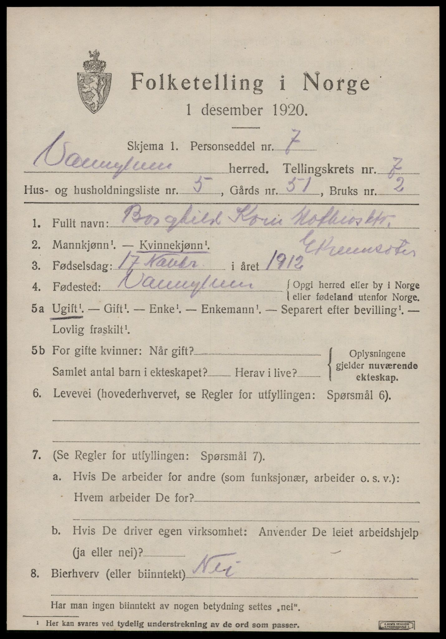 SAT, 1920 census for Vanylven, 1920, p. 4085