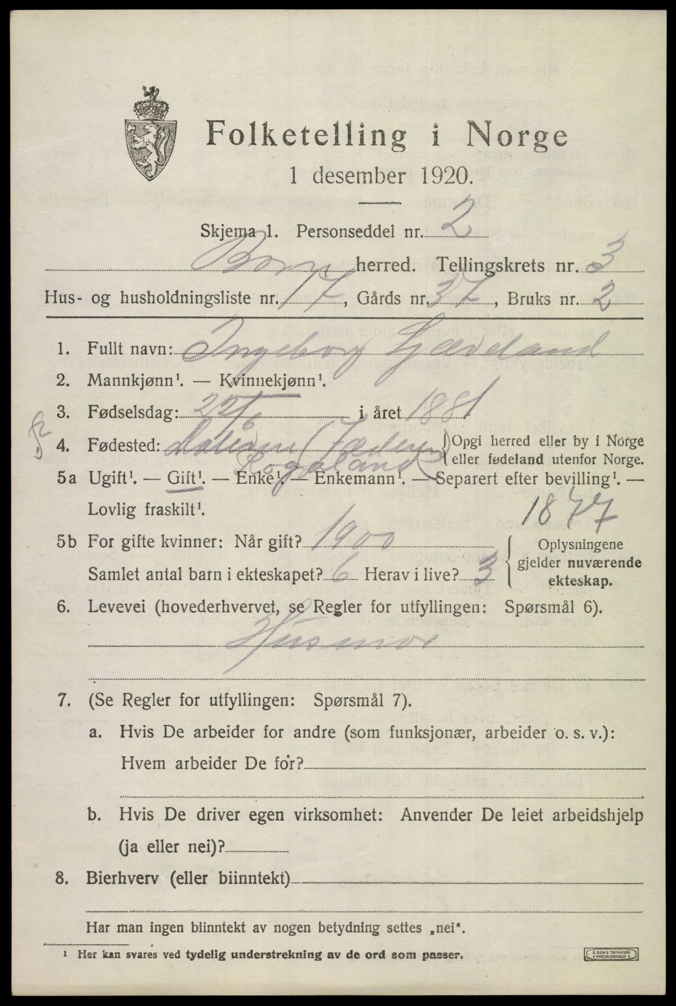SAKO, 1920 census for Borre, 1920, p. 6220