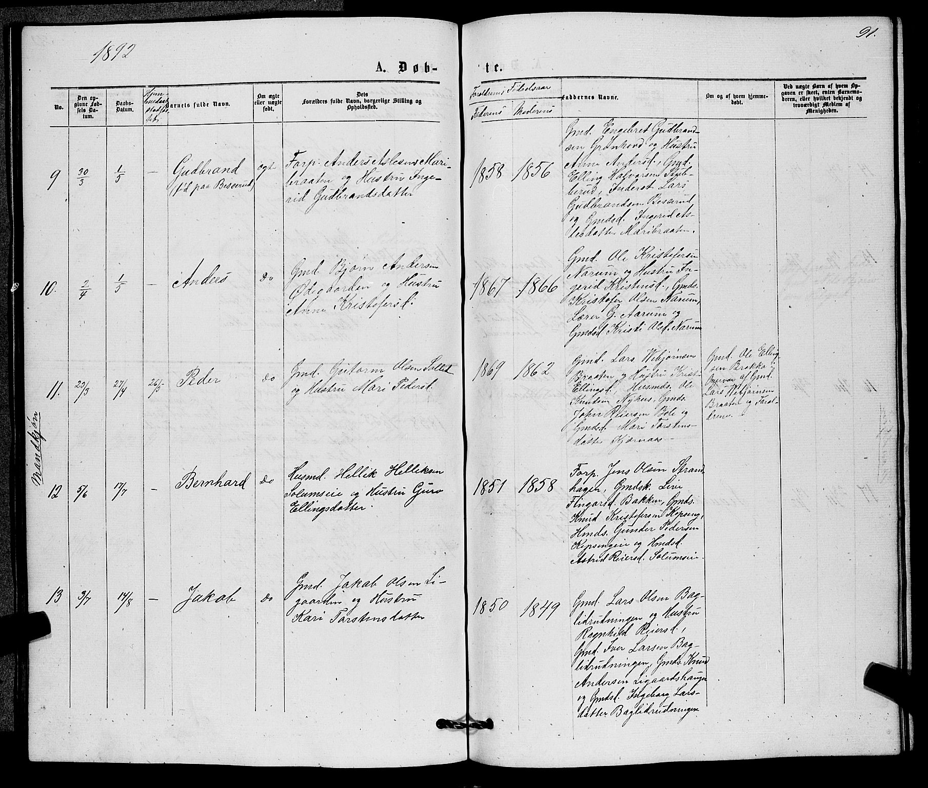 Sigdal kirkebøker, AV/SAKO-A-245/G/Gb/L0002: Parish register (copy) no. II 2, 1875-1900, p. 91