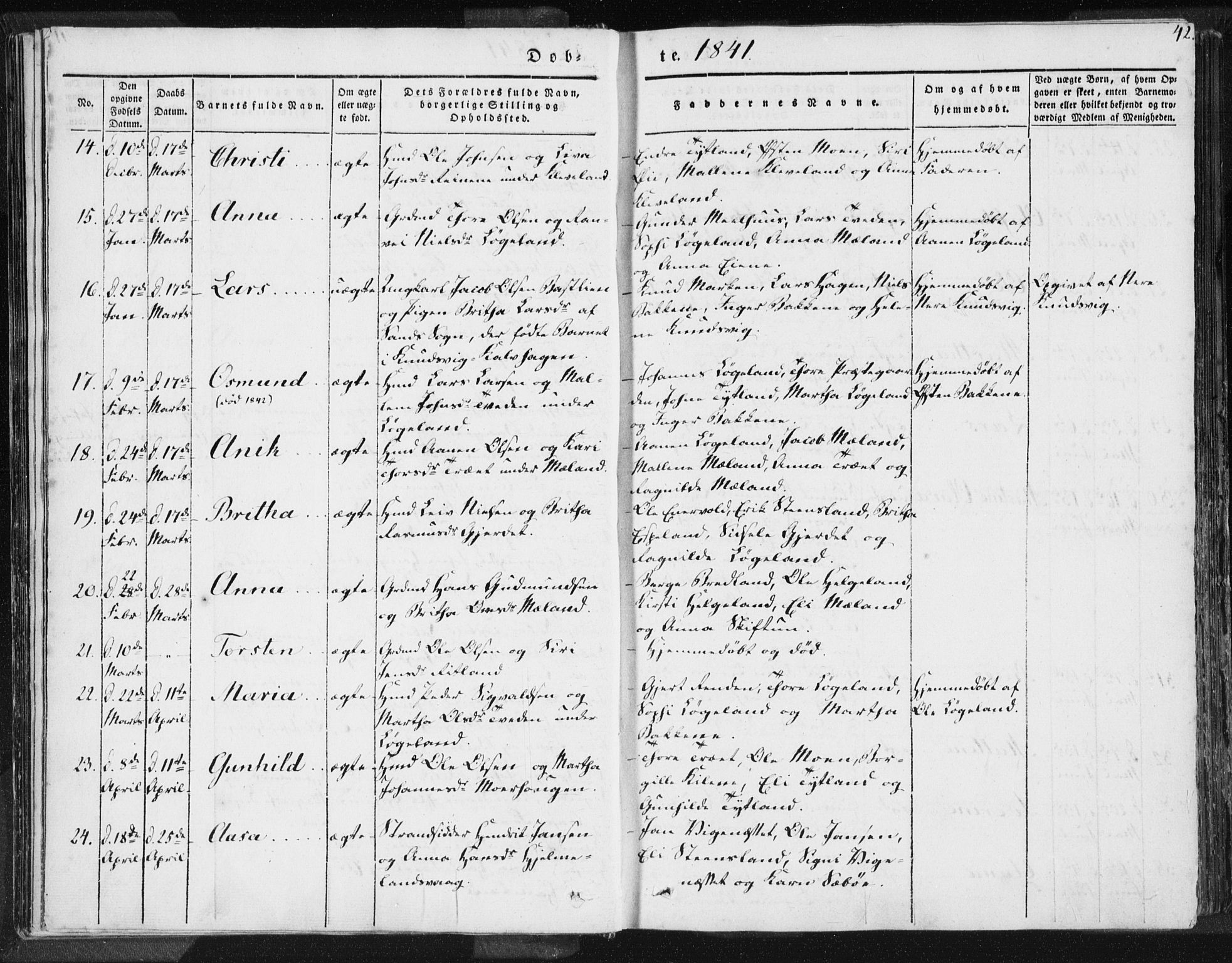 Hjelmeland sokneprestkontor, AV/SAST-A-101843/01/IV/L0006: Parish register (official) no. A 6, 1834-1845, p. 42