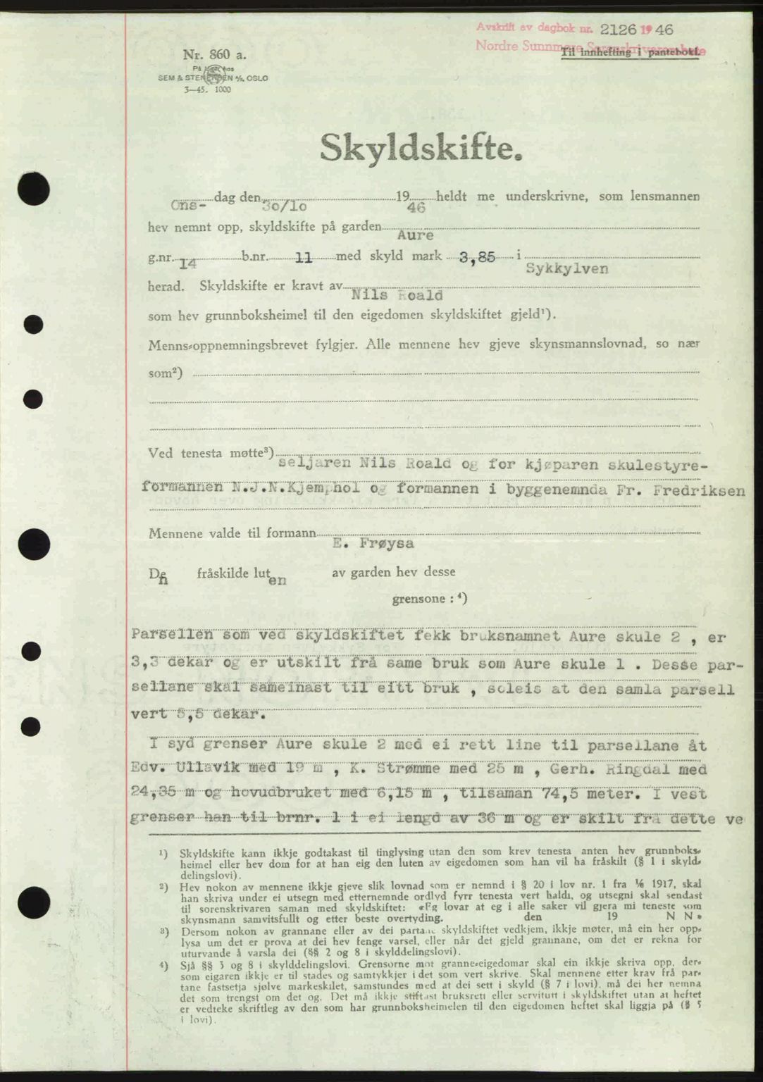 Nordre Sunnmøre sorenskriveri, AV/SAT-A-0006/1/2/2C/2Ca: Mortgage book no. A23, 1946-1947, Diary no: : 2126/1946