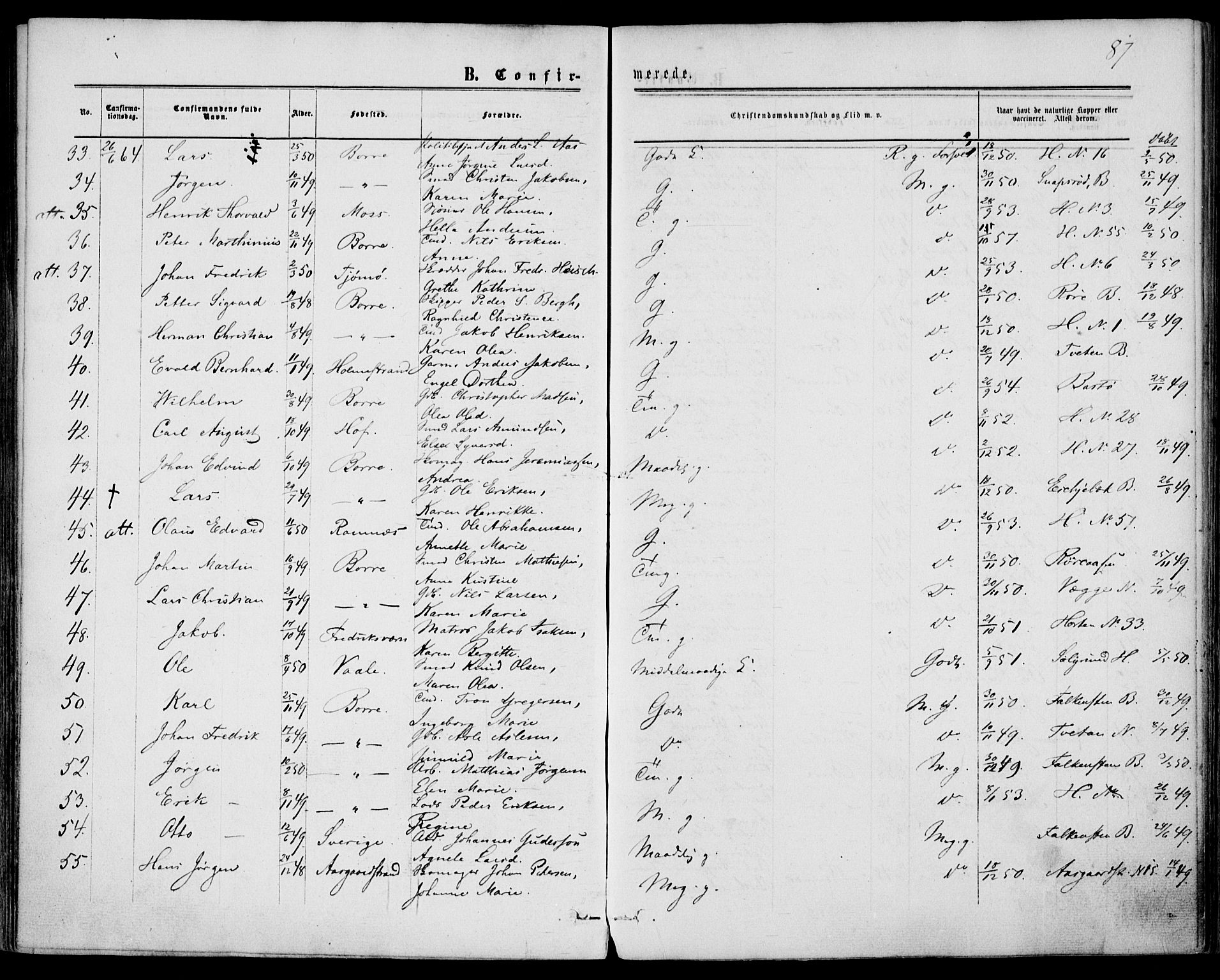 Borre kirkebøker, AV/SAKO-A-338/F/Fa/L0007: Parish register (official) no. I 7, 1862-1867, p. 87