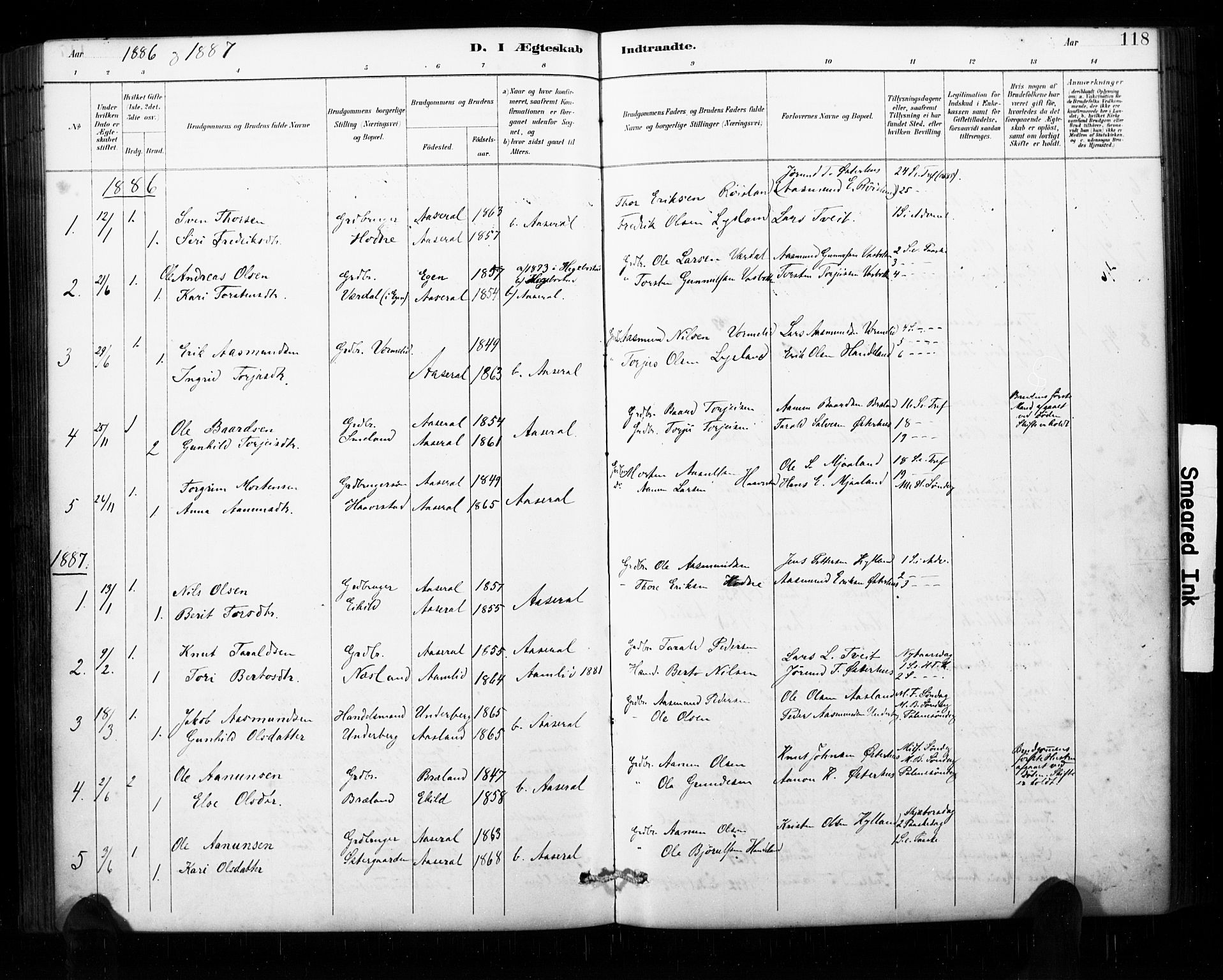 Åseral sokneprestkontor, AV/SAK-1111-0051/F/Fa/L0003: Parish register (official) no. A 3, 1884-1901, p. 118