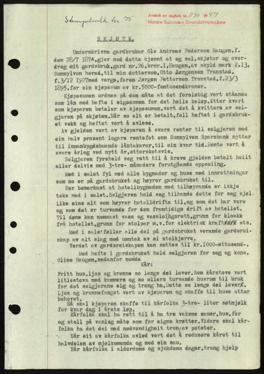 Nordre Sunnmøre sorenskriveri, AV/SAT-A-0006/1/2/2C/2Ca: Mortgage book no. A25, 1947-1947, Diary no: : 1130/1947