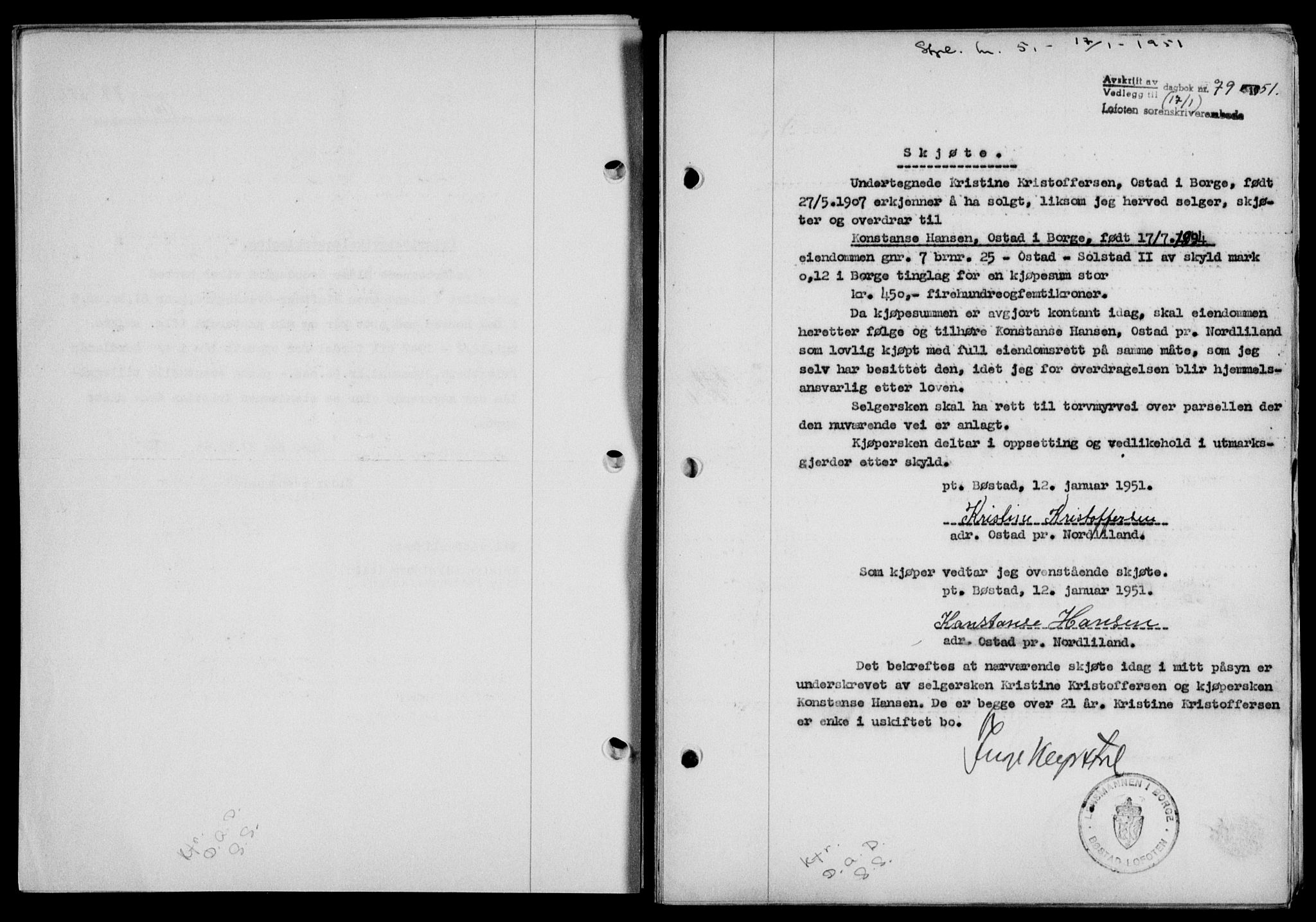 Lofoten sorenskriveri, SAT/A-0017/1/2/2C/L0025a: Mortgage book no. 25a, 1950-1951, Diary no: : 79/1951