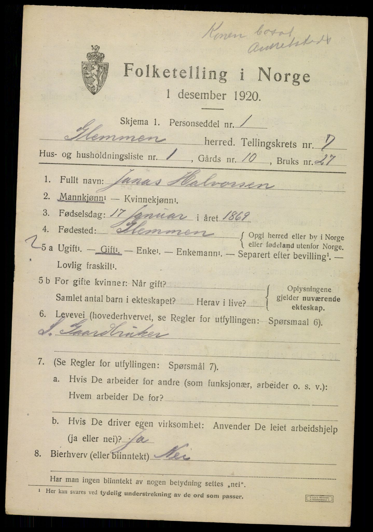 SAO, 1920 census for Glemmen, 1920, p. 23567