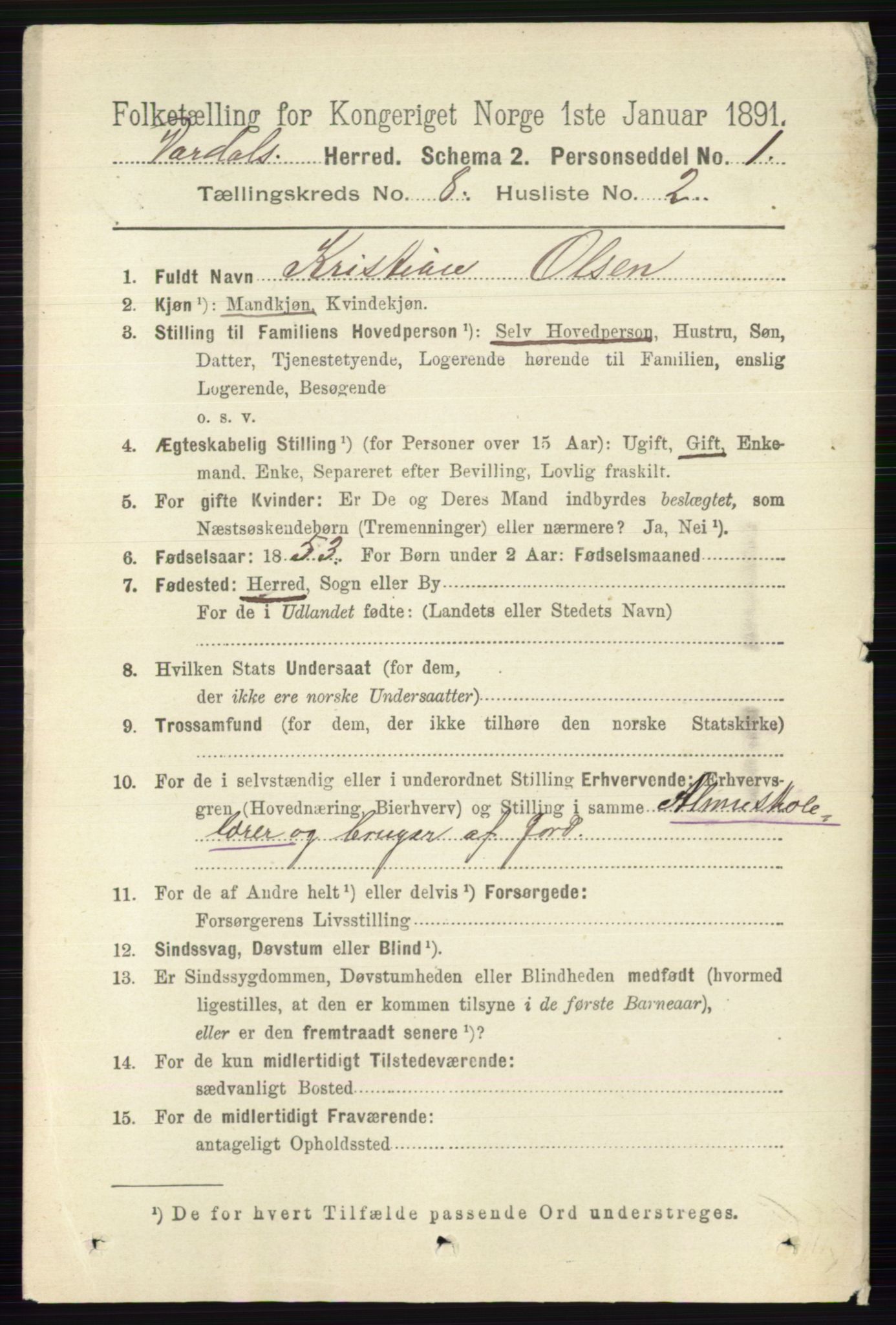 RA, 1891 census for 0527 Vardal, 1891, p. 3695