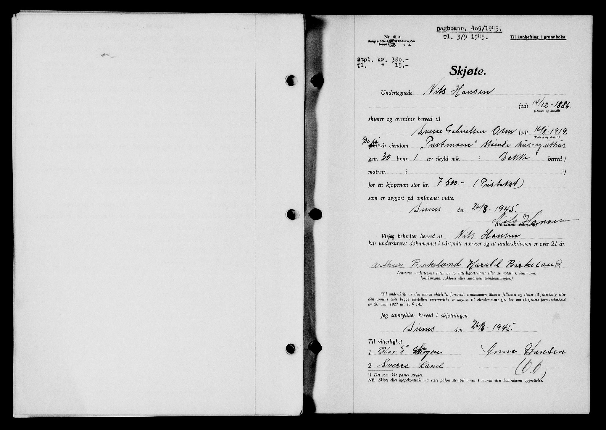 Flekkefjord sorenskriveri, SAK/1221-0001/G/Gb/Gba/L0059: Mortgage book no. A-7, 1944-1945, Diary no: : 409/1945