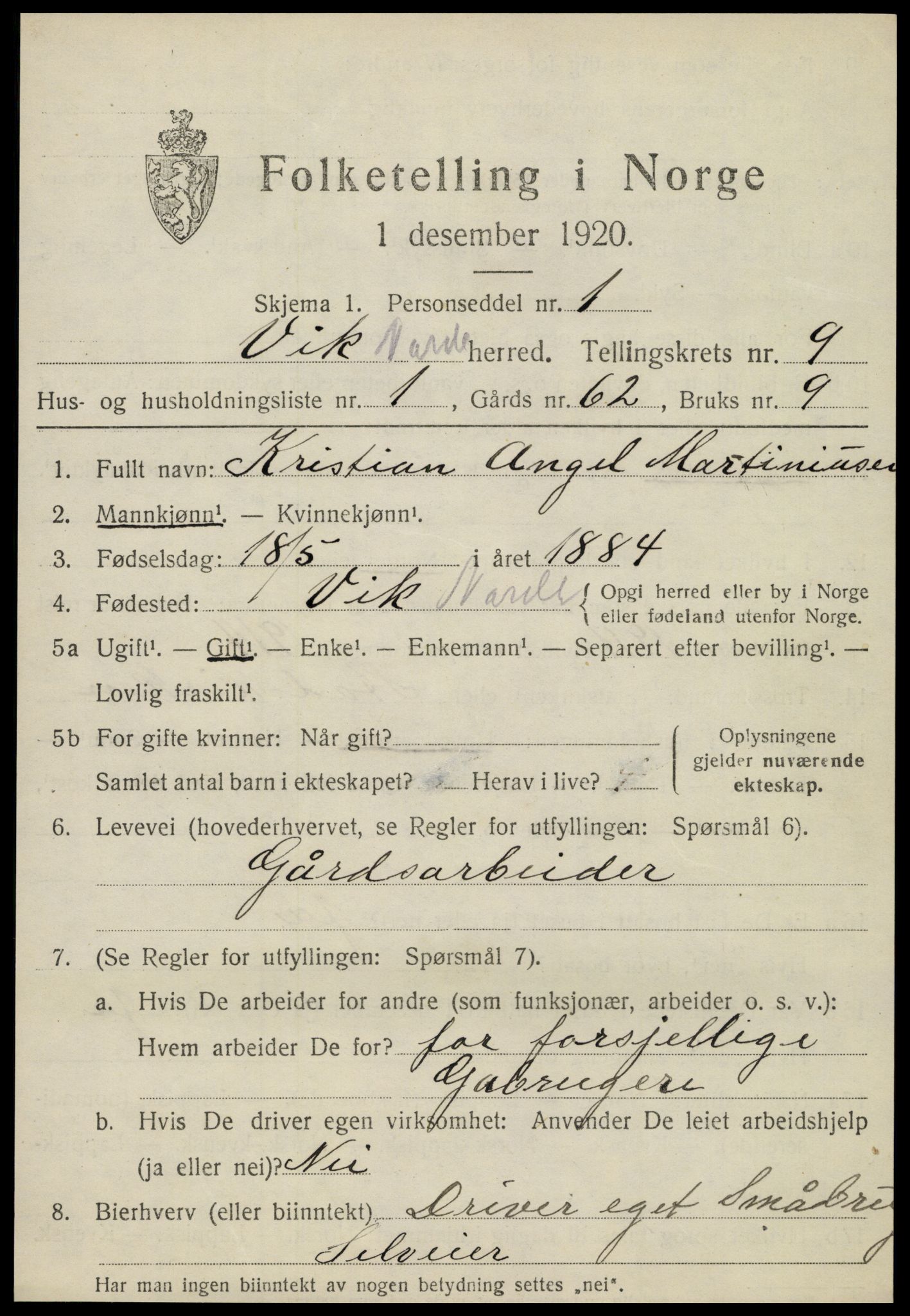 SAT, 1920 census for Vik, 1920, p. 5747