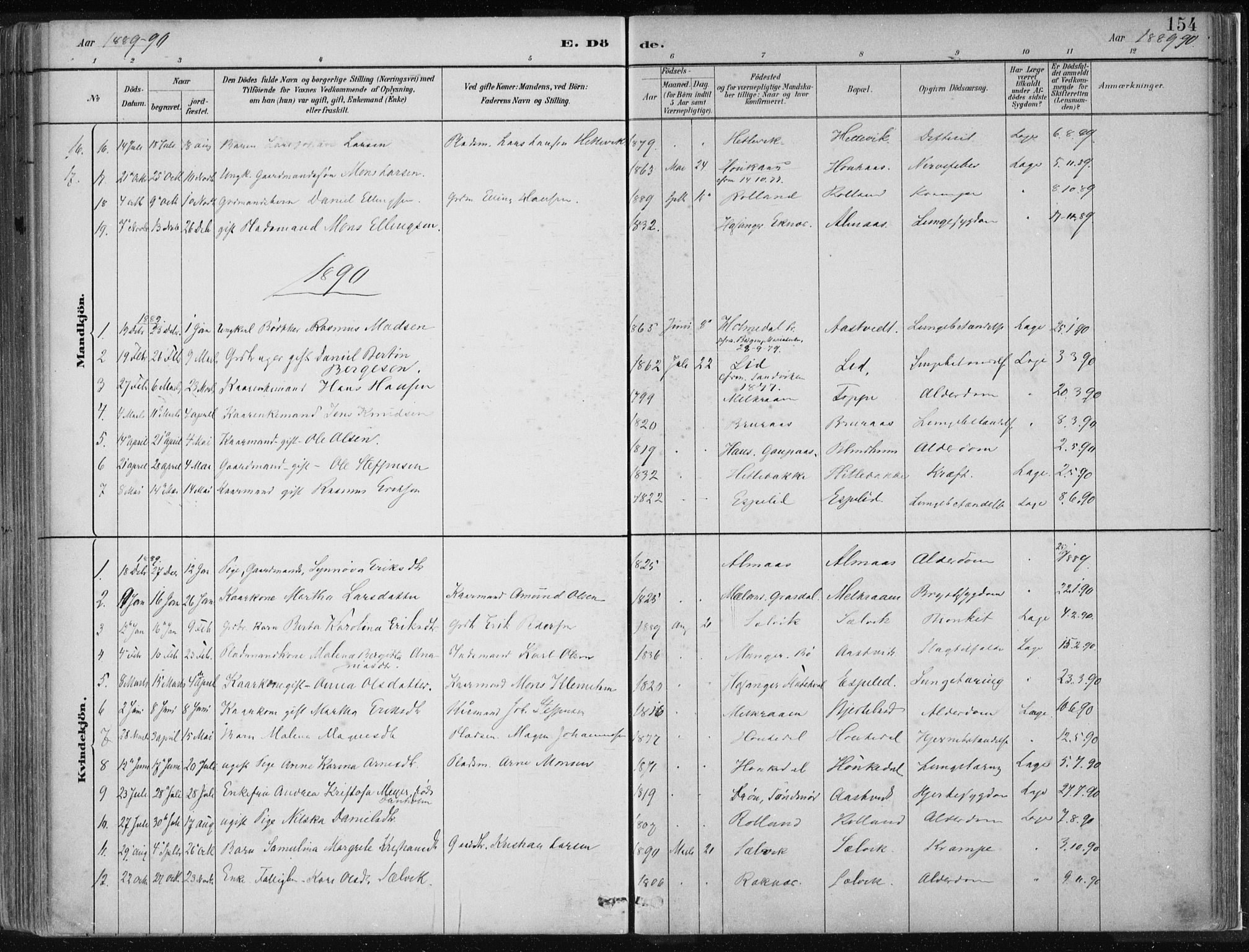 Hamre sokneprestembete, AV/SAB-A-75501/H/Ha/Haa/Haad/L0001: Parish register (official) no. D  1, 1882-1906, p. 154