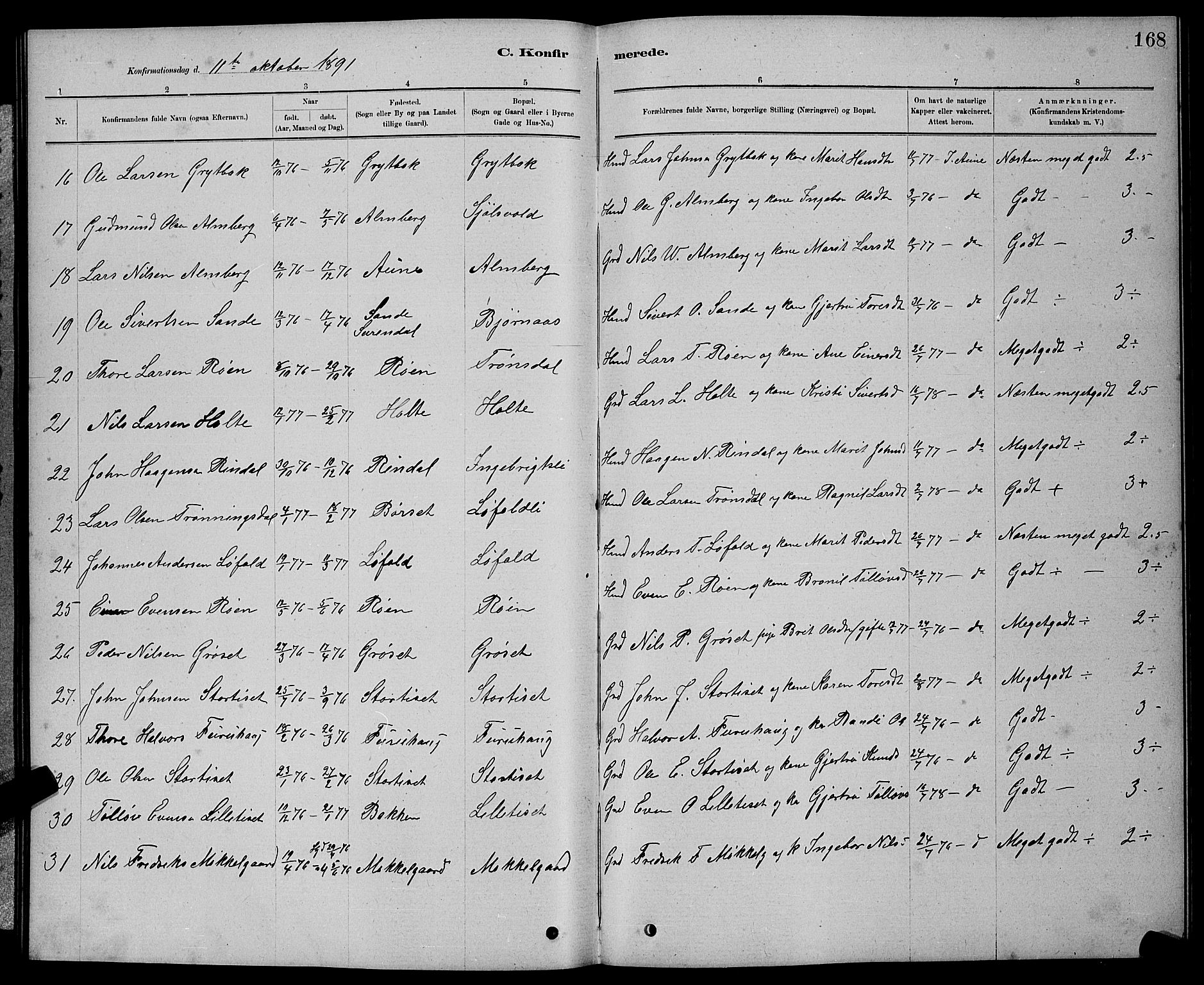 Ministerialprotokoller, klokkerbøker og fødselsregistre - Møre og Romsdal, AV/SAT-A-1454/598/L1077: Parish register (copy) no. 598C02, 1879-1891, p. 168