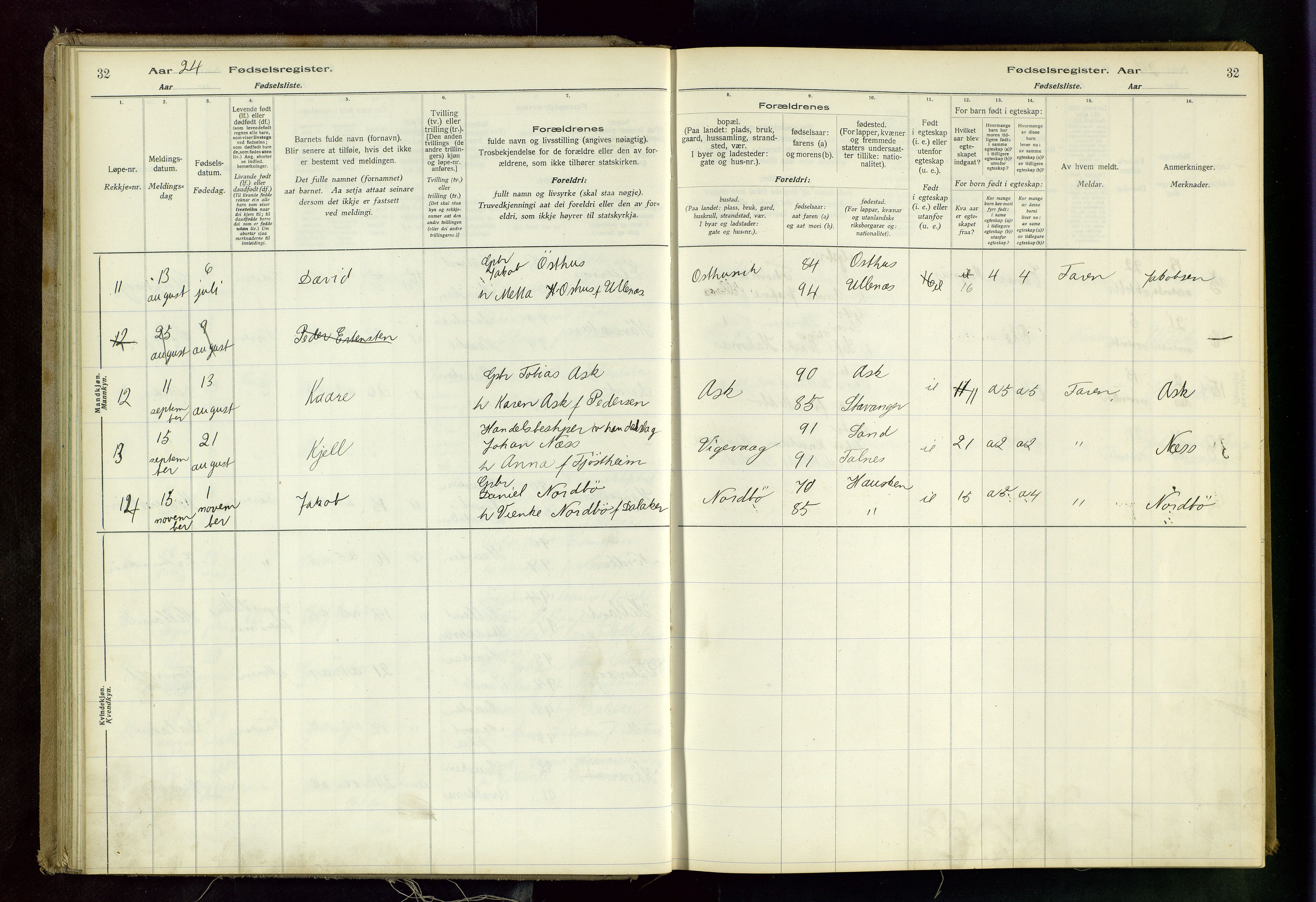 Rennesøy sokneprestkontor, AV/SAST-A -101827/I/Id/L0001: Birth register no. 1, 1916-1982, p. 32