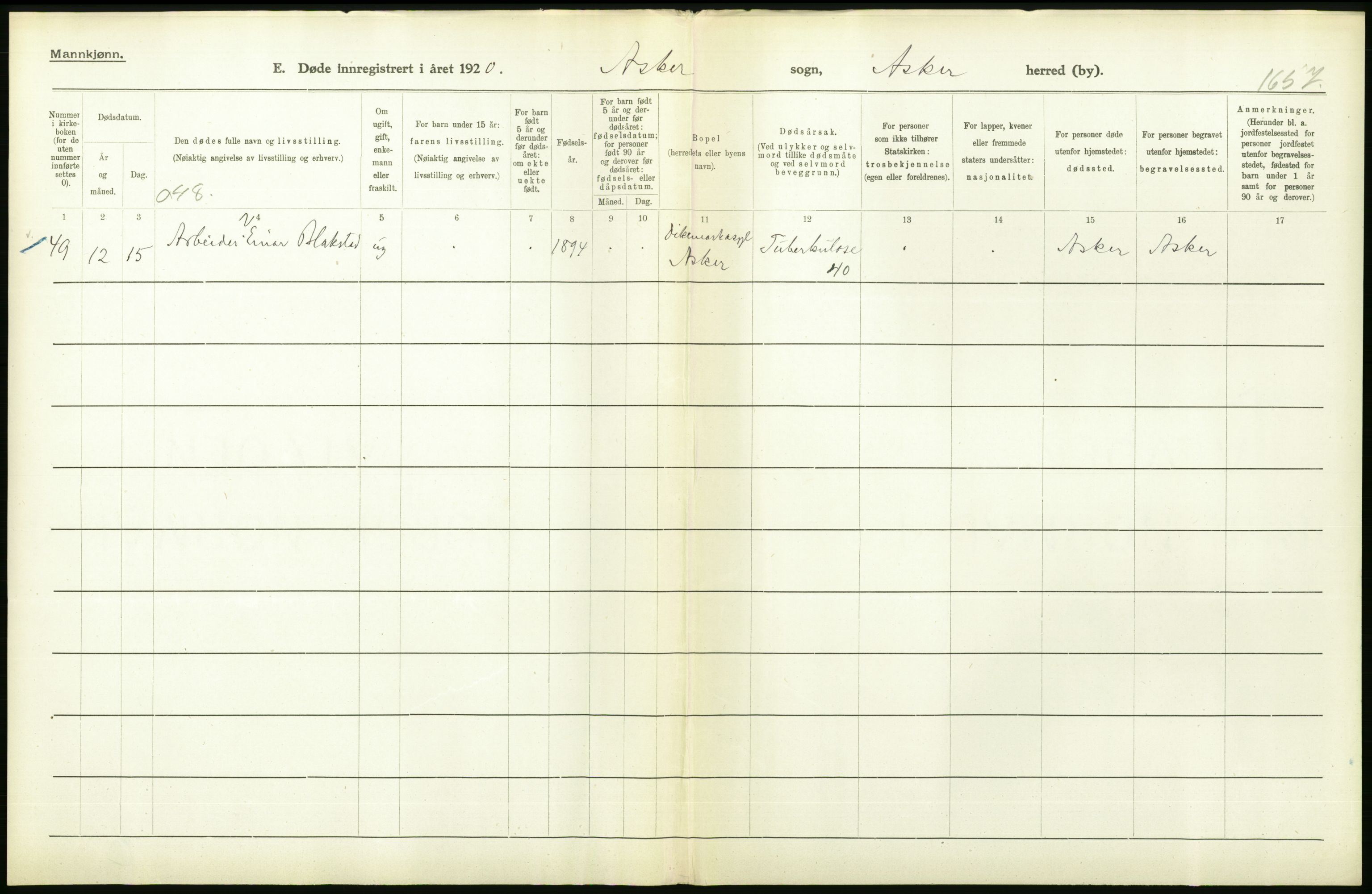 Statistisk sentralbyrå, Sosiodemografiske emner, Befolkning, AV/RA-S-2228/D/Df/Dfb/Dfbj/L0007: Akershus fylke: Døde. Bygder og byer., 1920, p. 120