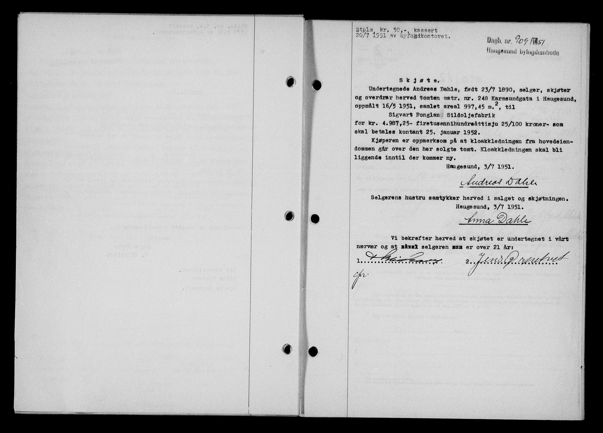 Haugesund tingrett, AV/SAST-A-101415/01/II/IIC/L0065: Mortgage book no. A 6, 1951-1953, Diary no: : 909/1951