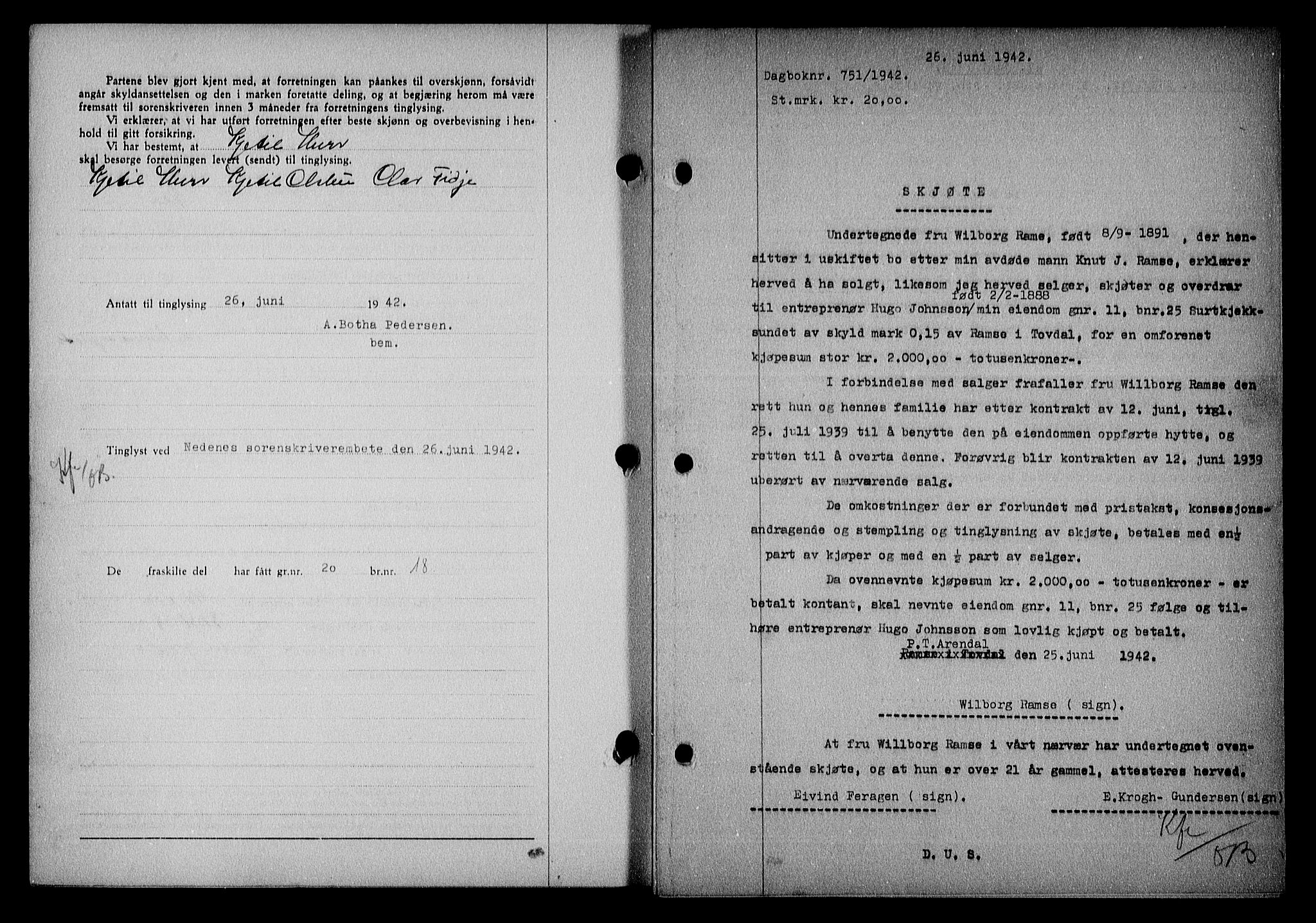Nedenes sorenskriveri, SAK/1221-0006/G/Gb/Gba/L0049: Mortgage book no. A-III, 1941-1942, Diary no: : 751/1942