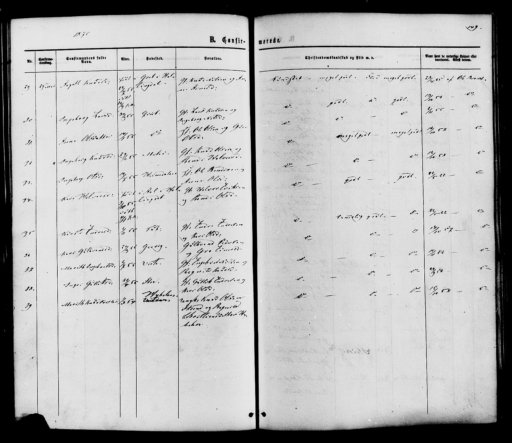 Vestre Slidre prestekontor, SAH/PREST-136/H/Ha/Haa/L0003: Parish register (official) no. 3, 1865-1880, p. 149