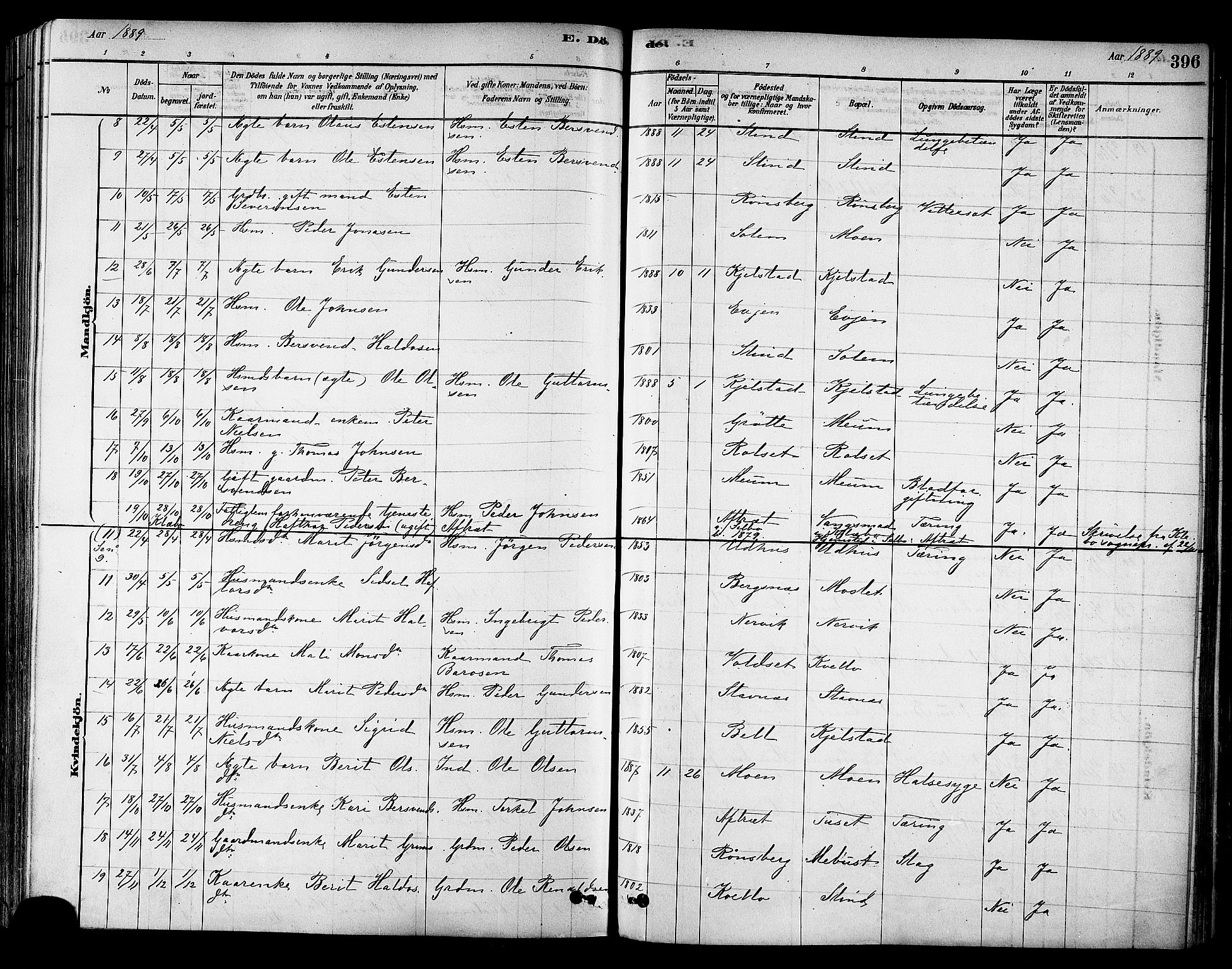 Ministerialprotokoller, klokkerbøker og fødselsregistre - Sør-Trøndelag, AV/SAT-A-1456/695/L1148: Parish register (official) no. 695A08, 1878-1891, p. 396