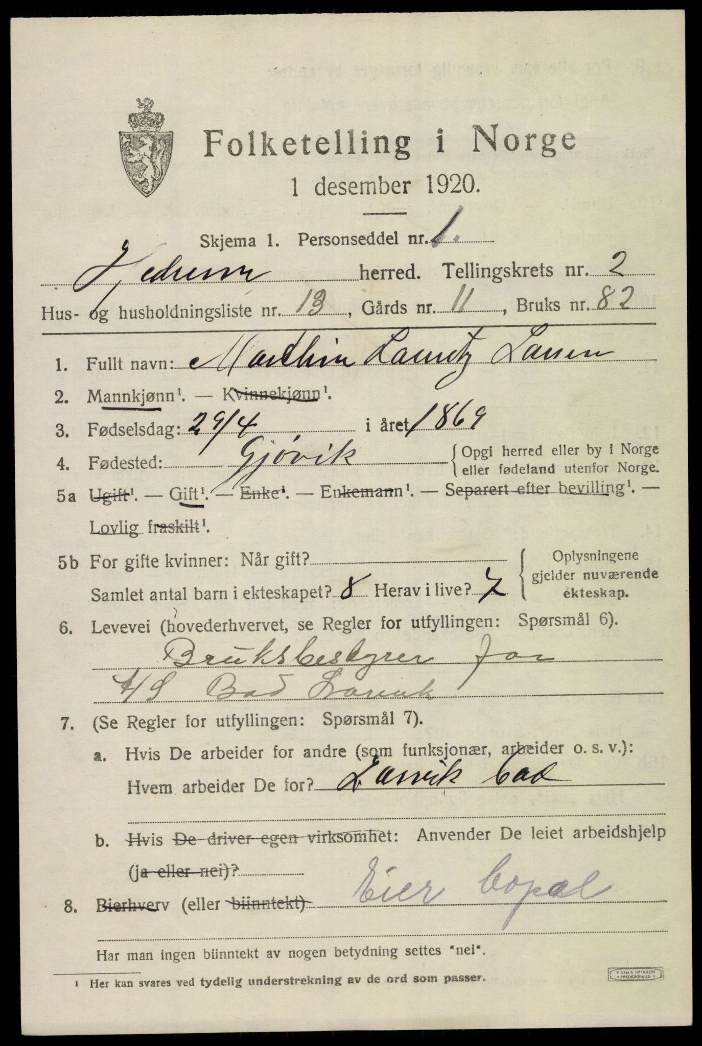 SAKO, 1920 census for Hedrum, 1920, p. 2553