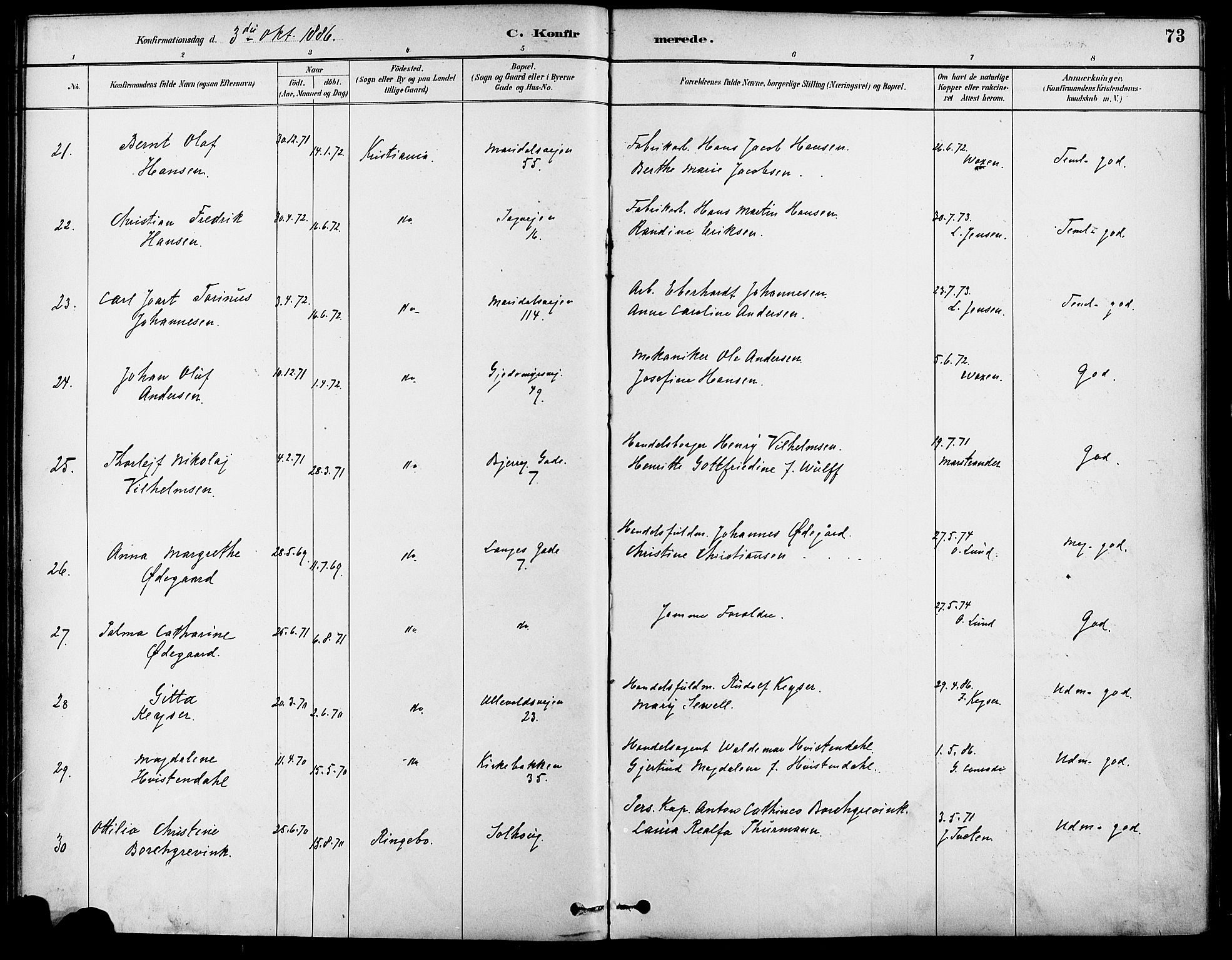 Gamle Aker prestekontor Kirkebøker, AV/SAO-A-10617a/F/L0007: Parish register (official) no. 7, 1882-1890, p. 73