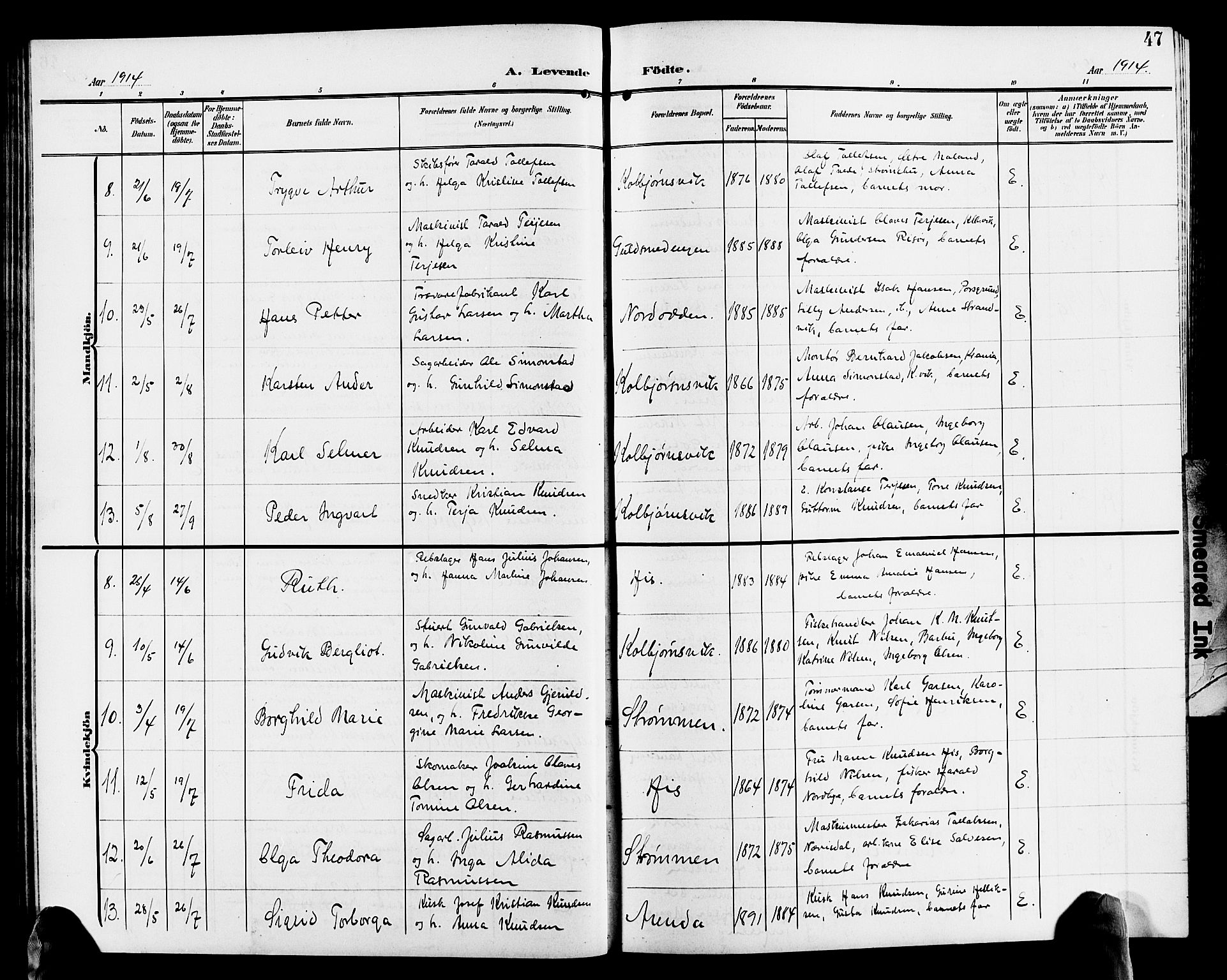 Hisøy sokneprestkontor, AV/SAK-1111-0020/F/Fb/L0004: Parish register (copy) no. B 4, 1905-1923, p. 47