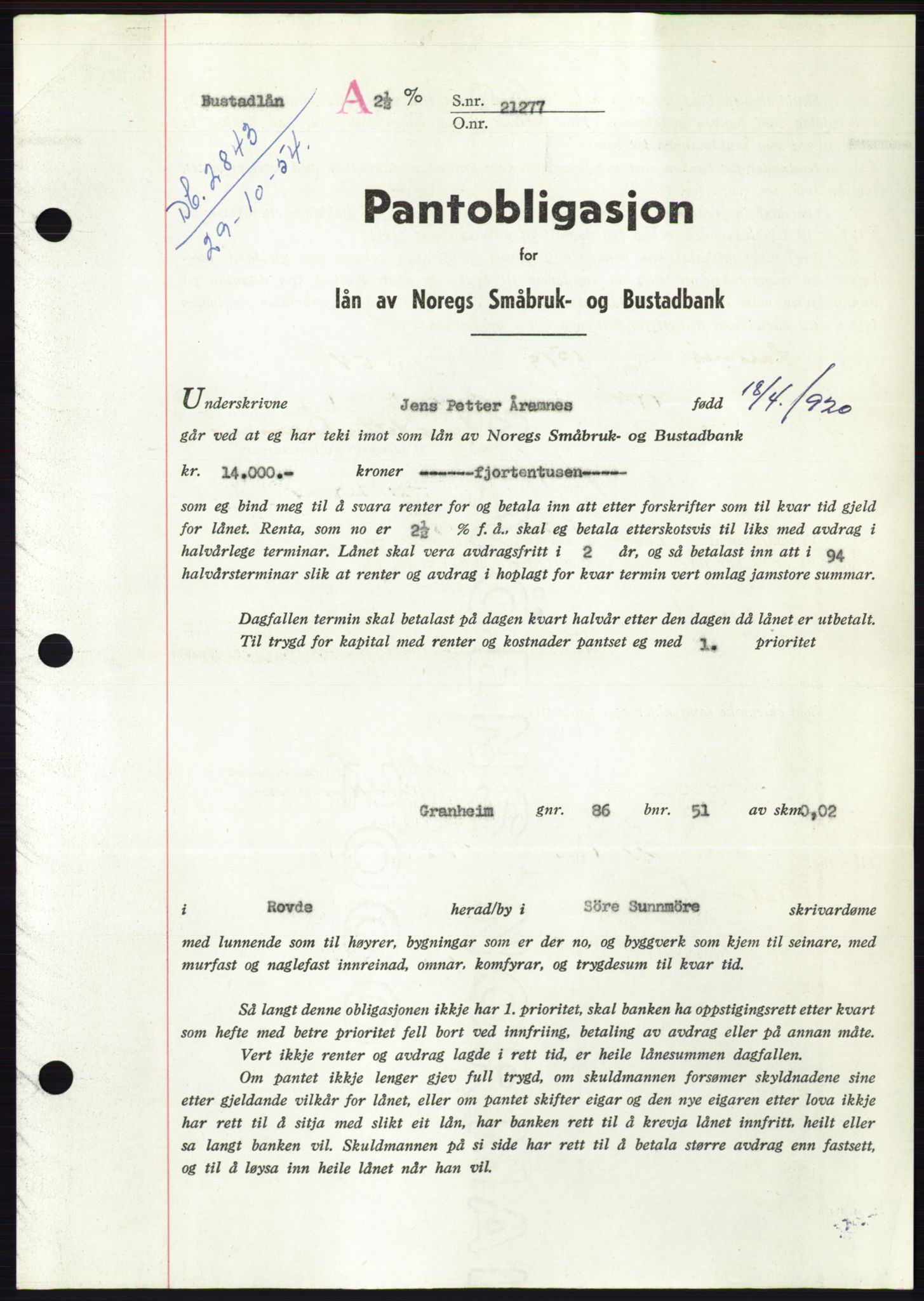 Søre Sunnmøre sorenskriveri, AV/SAT-A-4122/1/2/2C/L0126: Mortgage book no. 14B, 1954-1955, Diary no: : 2843/1954