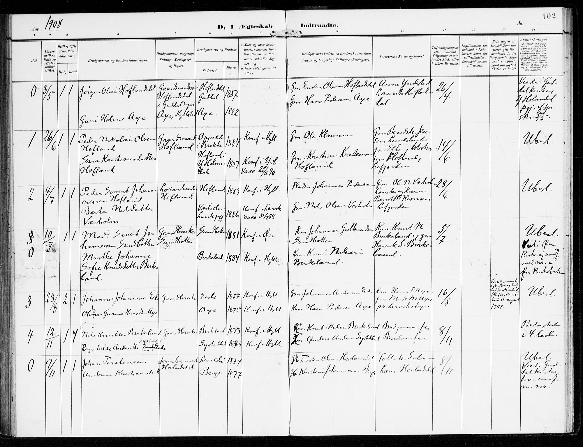 Hyllestad sokneprestembete, SAB/A-80401: Parish register (official) no. B 2, 1903-1917, p. 102