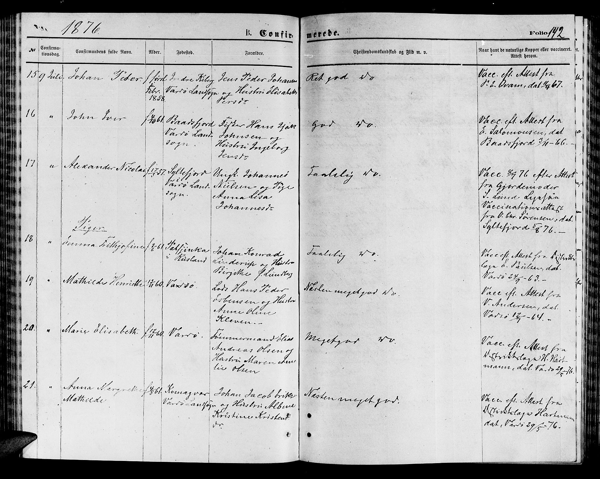 Vardø sokneprestkontor, AV/SATØ-S-1332/H/Hb/L0003klokker: Parish register (copy) no. 3, 1871-1878, p. 142