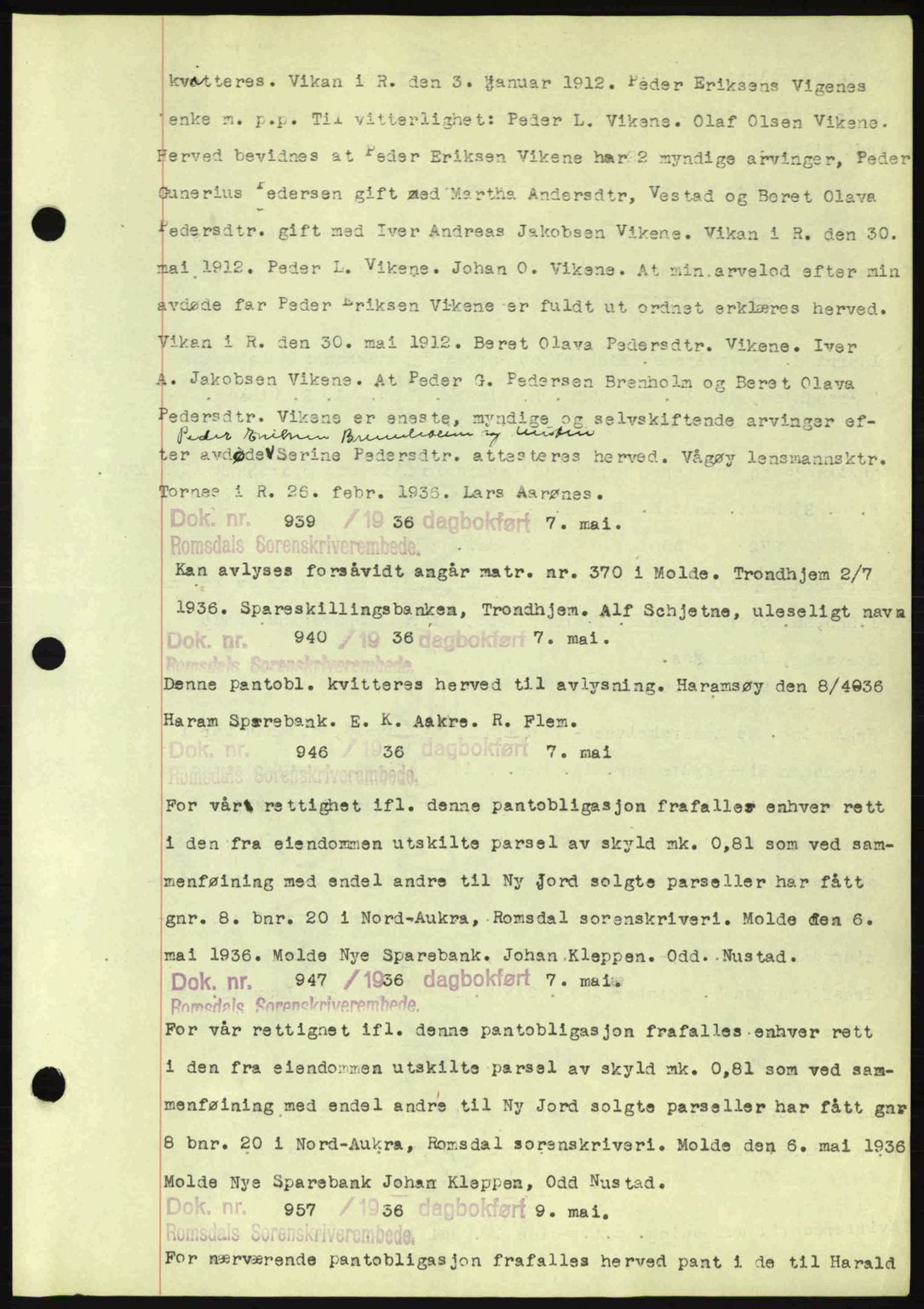 Romsdal sorenskriveri, AV/SAT-A-4149/1/2/2C: Mortgage book no. C1a, 1936-1945, Diary no: : 939/1936