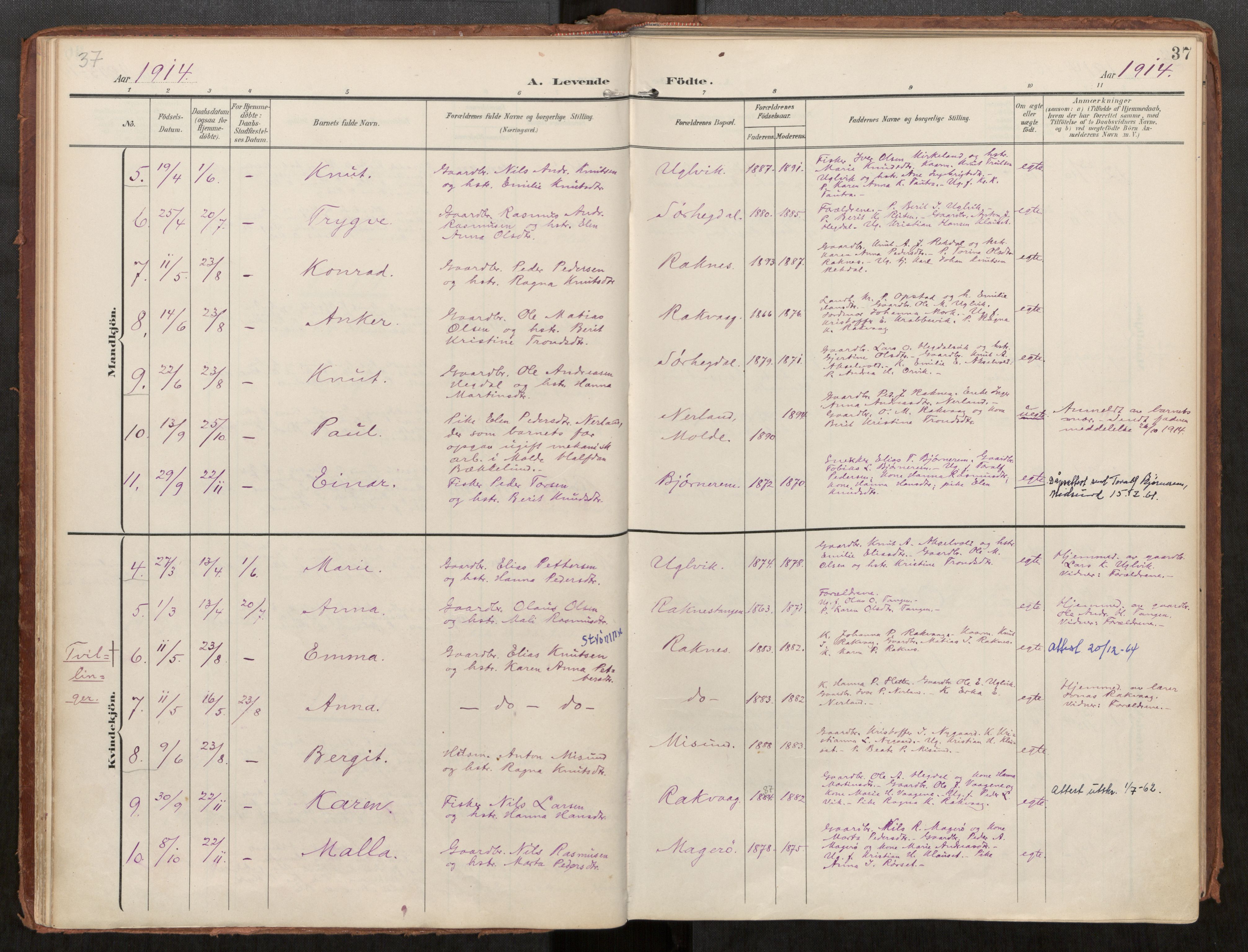 Ministerialprotokoller, klokkerbøker og fødselsregistre - Møre og Romsdal, AV/SAT-A-1454/563/L0740: Parish register (official) no. 563A02, 1903-1923, p. 37