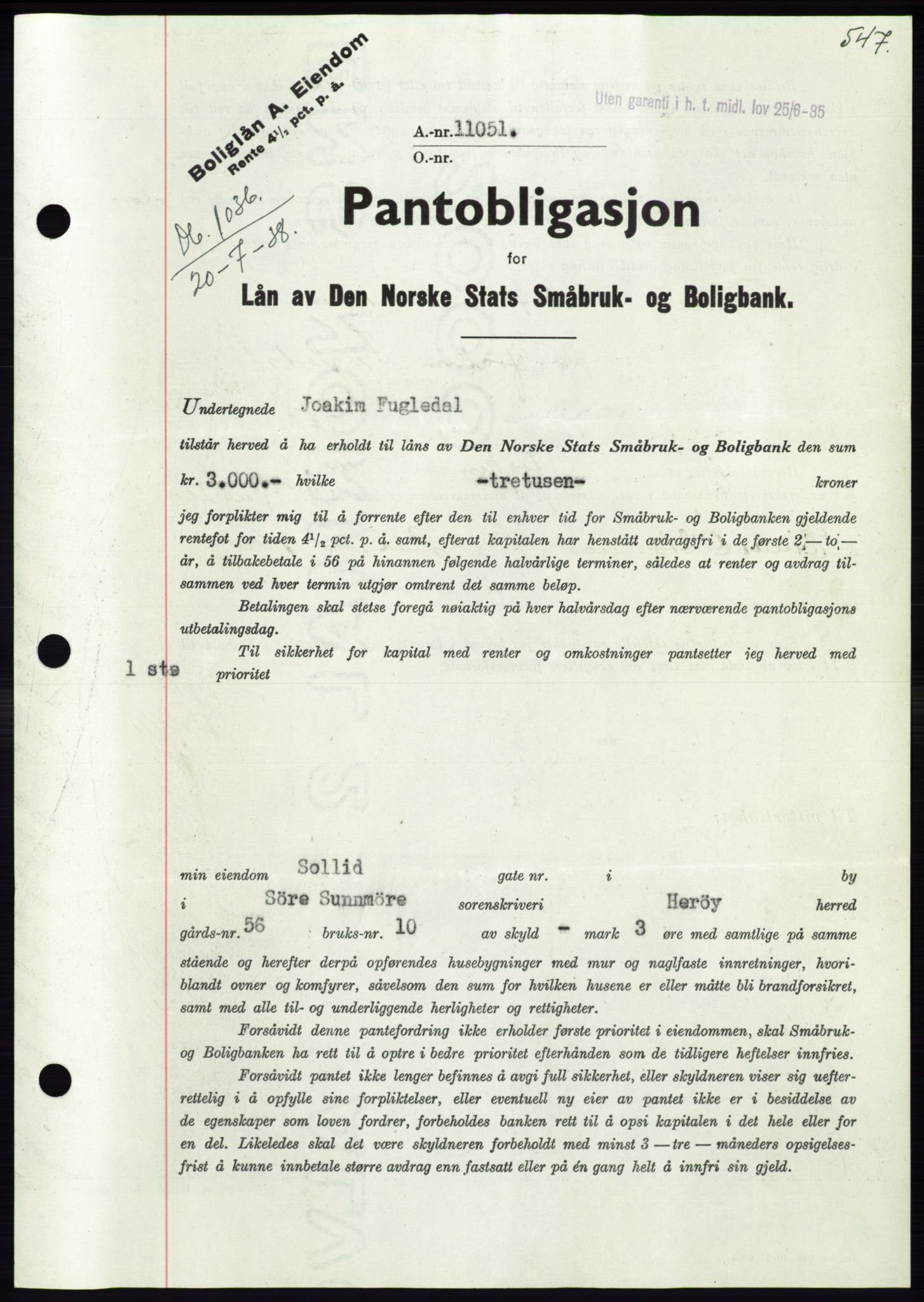 Søre Sunnmøre sorenskriveri, AV/SAT-A-4122/1/2/2C/L0065: Mortgage book no. 59, 1938-1938, Diary no: : 1036/1938