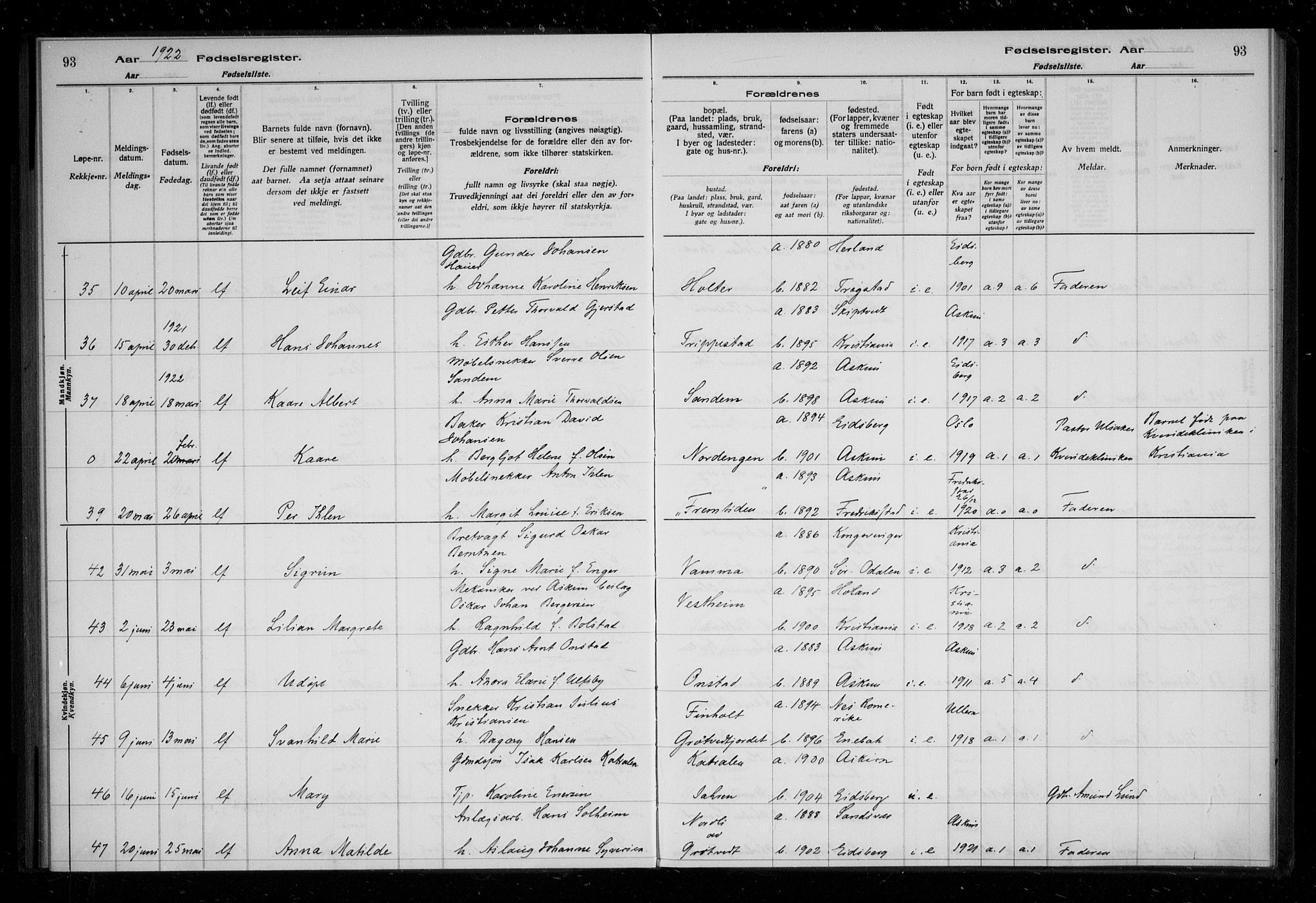 Askim prestekontor Kirkebøker, AV/SAO-A-10900/J/Ja/L0001: Birth register no. 1, 1916-1929, p. 93