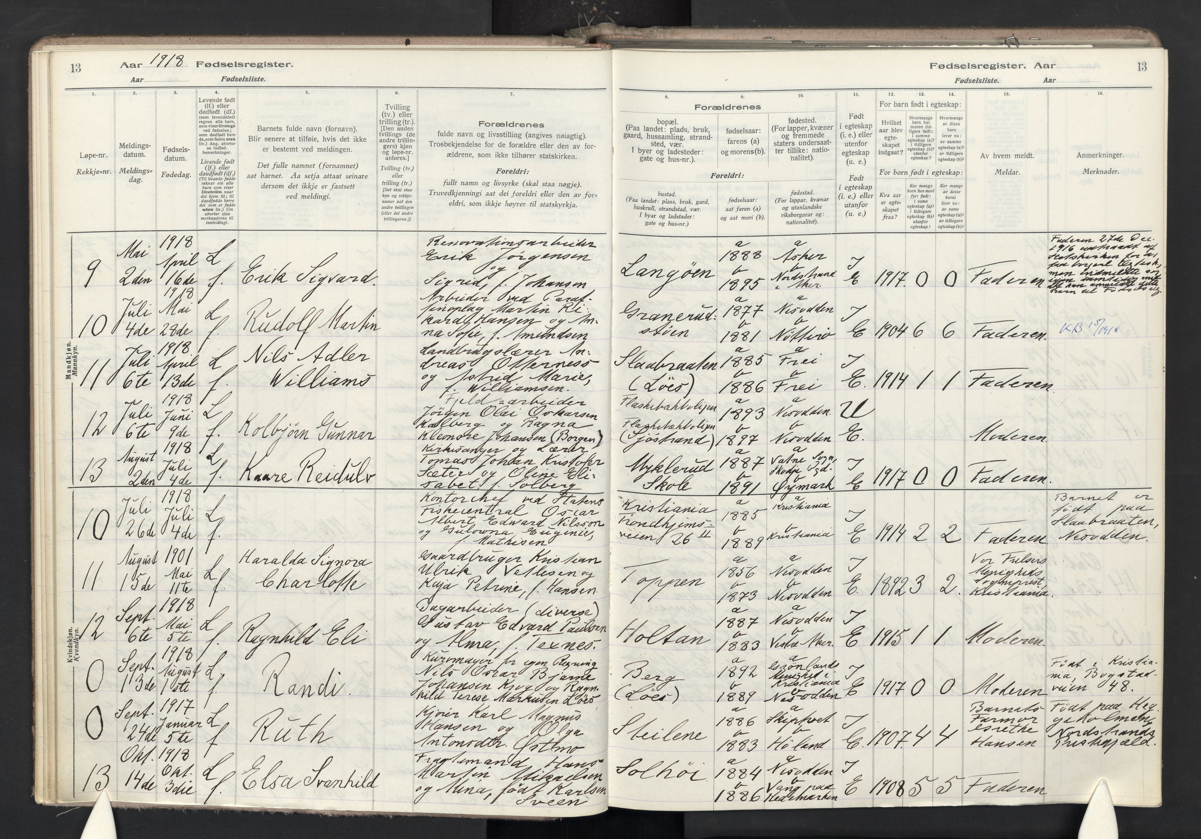 Nesodden prestekontor Kirkebøker, SAO/A-10013/J/Ja/L0001: Birth register no. 1, 1916-1946, p. 13