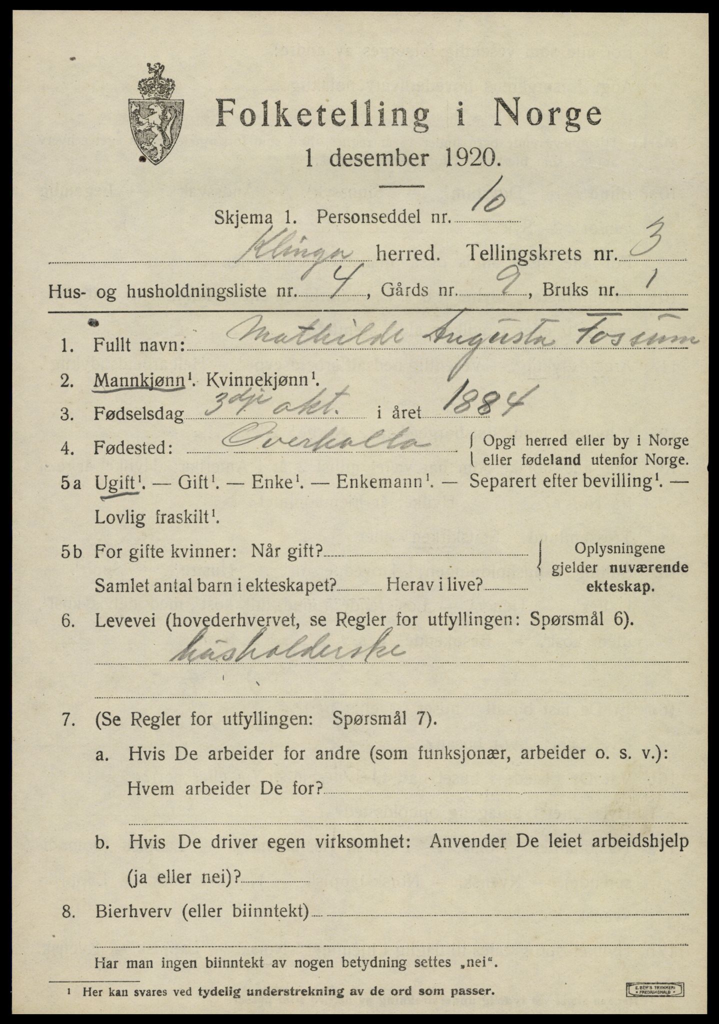 SAT, 1920 census for Klinga, 1920, p. 2127