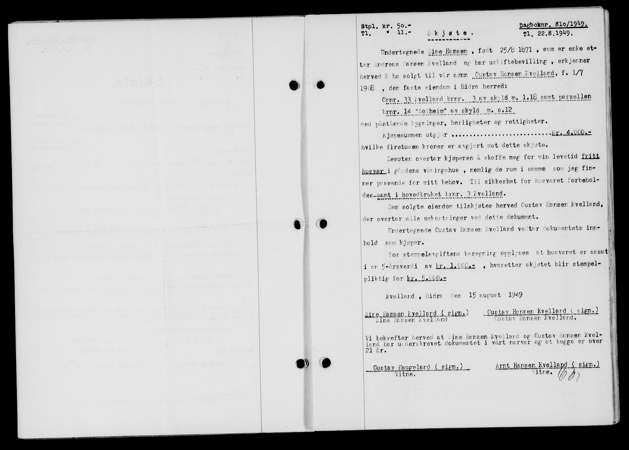 Flekkefjord sorenskriveri, SAK/1221-0001/G/Gb/Gba/L0065: Mortgage book no. A-13, 1949-1949, Diary no: : 810/1949