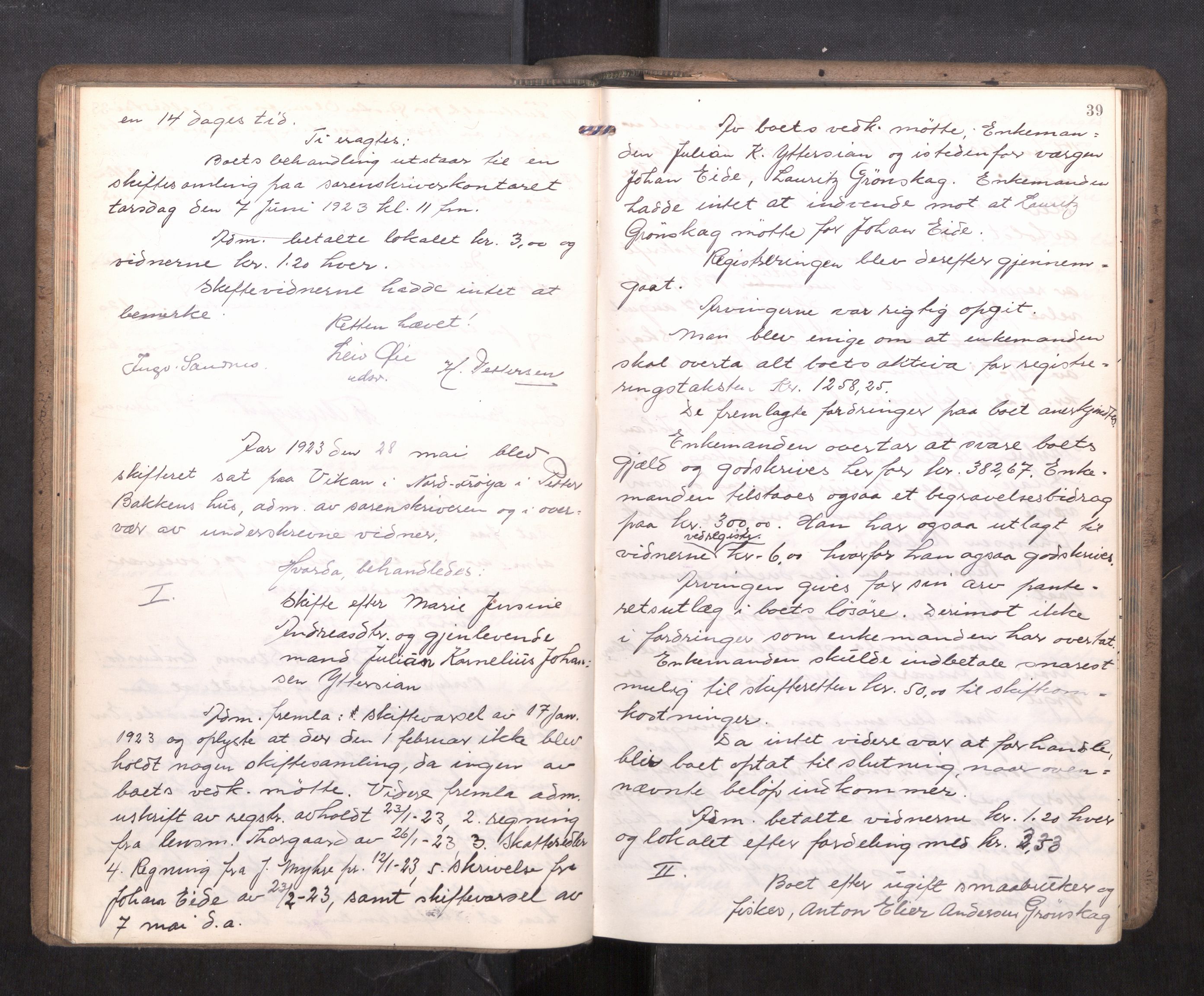 Hitra sorenskriveri, AV/SAT-A-0018/3/3B/L0002: Skifteforhandlingsprotokoll, 1922-1927, p. 38b-39a