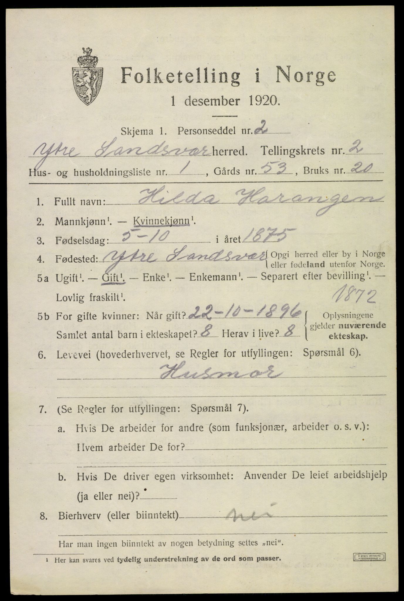 SAKO, 1920 census for Ytre Sandsvær, 1920, p. 2656