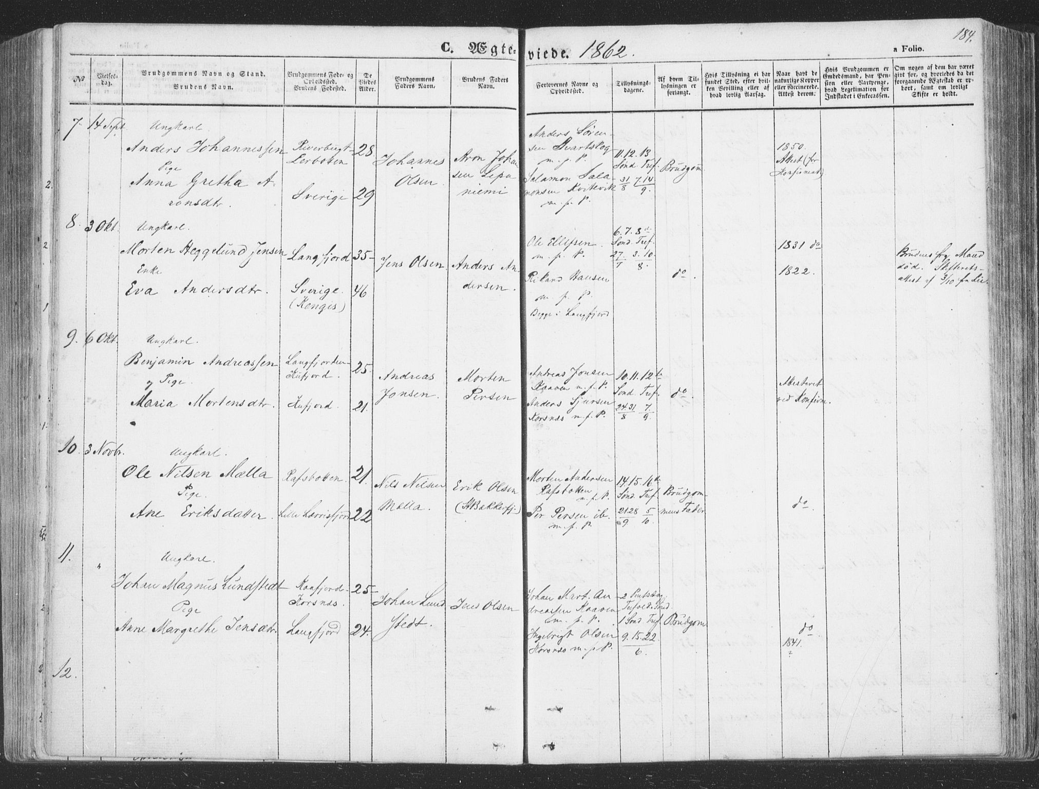 Talvik sokneprestkontor, AV/SATØ-S-1337/H/Ha/L0010kirke: Parish register (official) no. 10, 1852-1864, p. 184